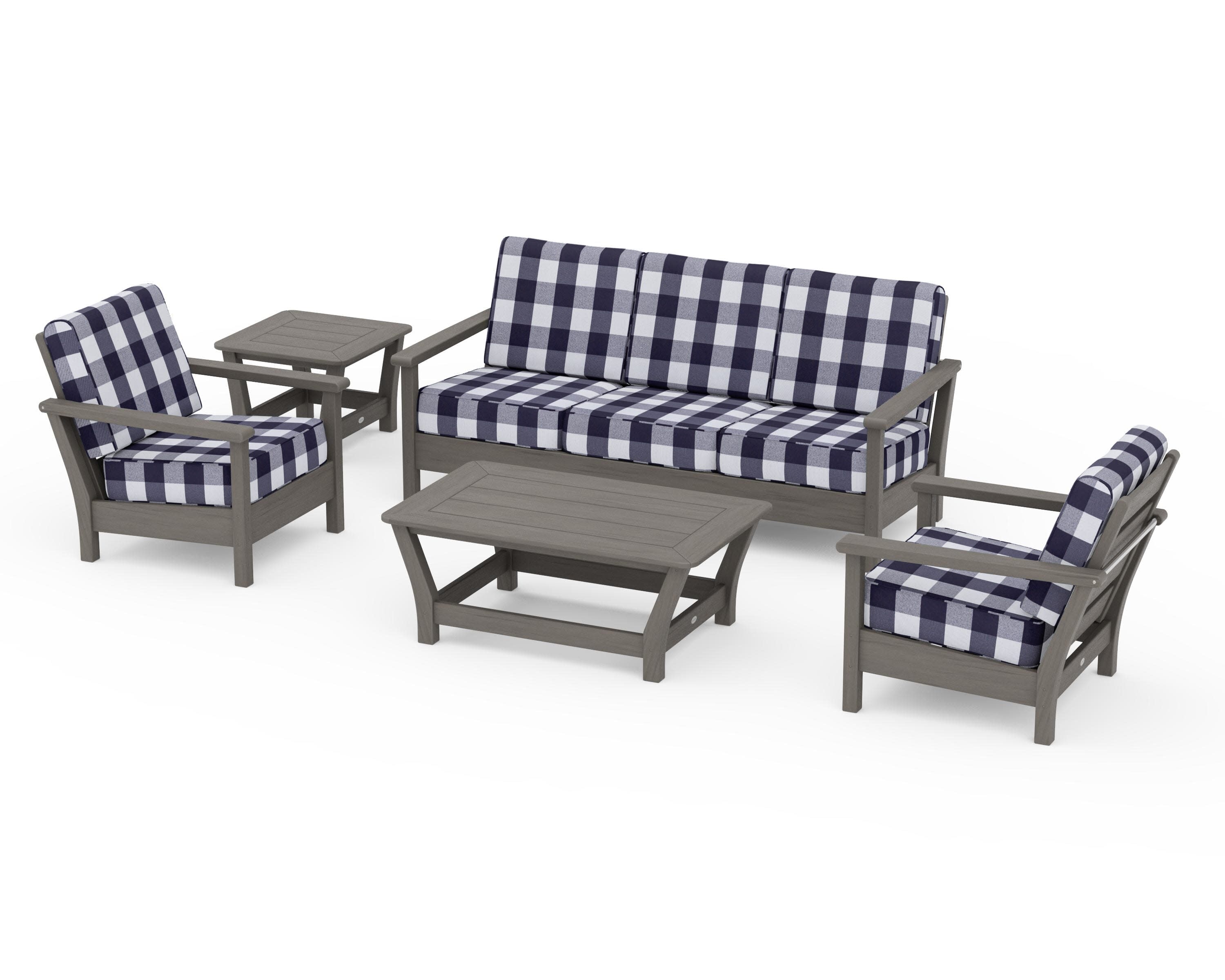 Harbour 5-Piece Deep Seating Set in Driftwood / Buffalo Plaid Navy