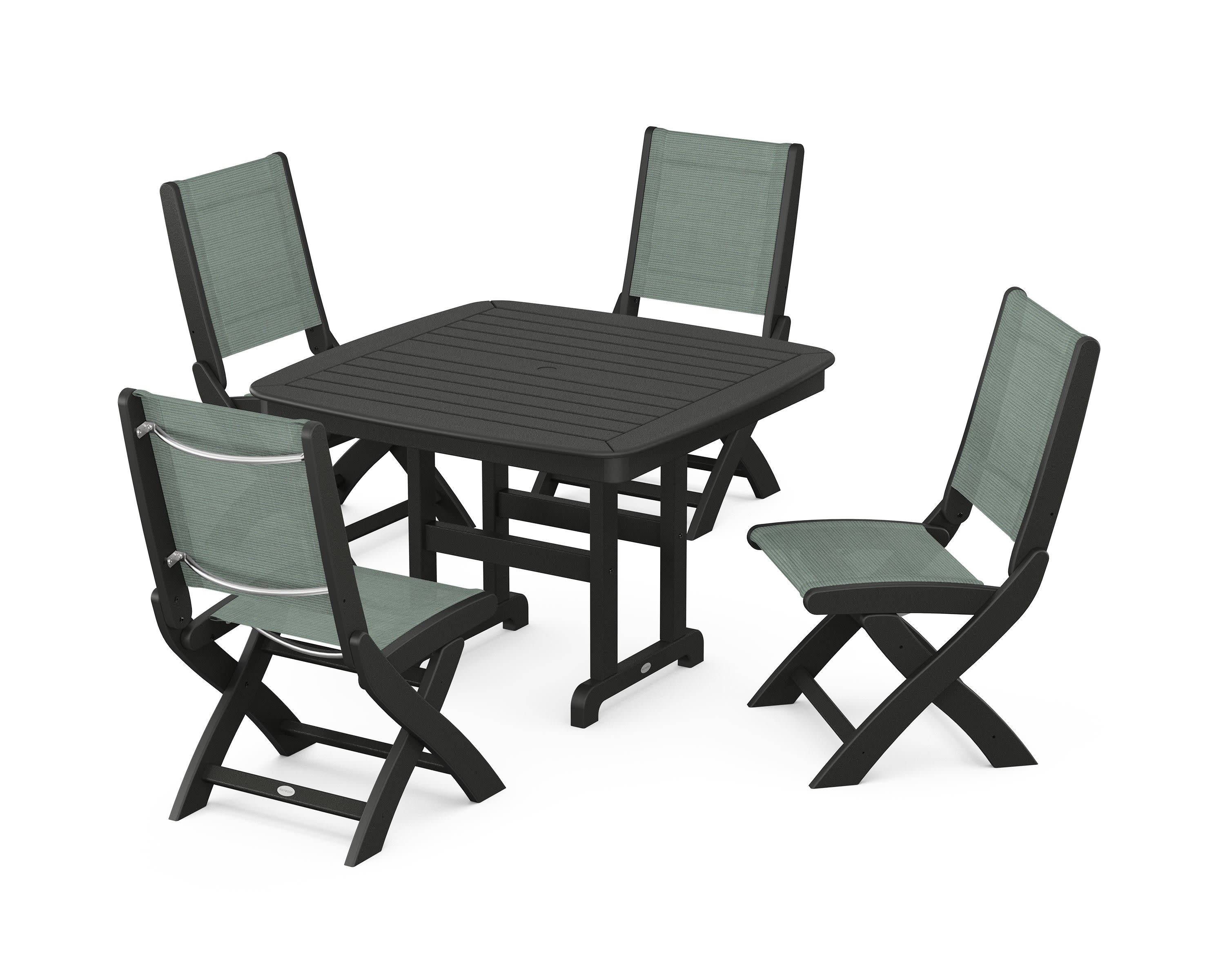 Coastal Folding Side Chair 5-Piece Dining Set in Black / Dupioni Sea Mist Sling