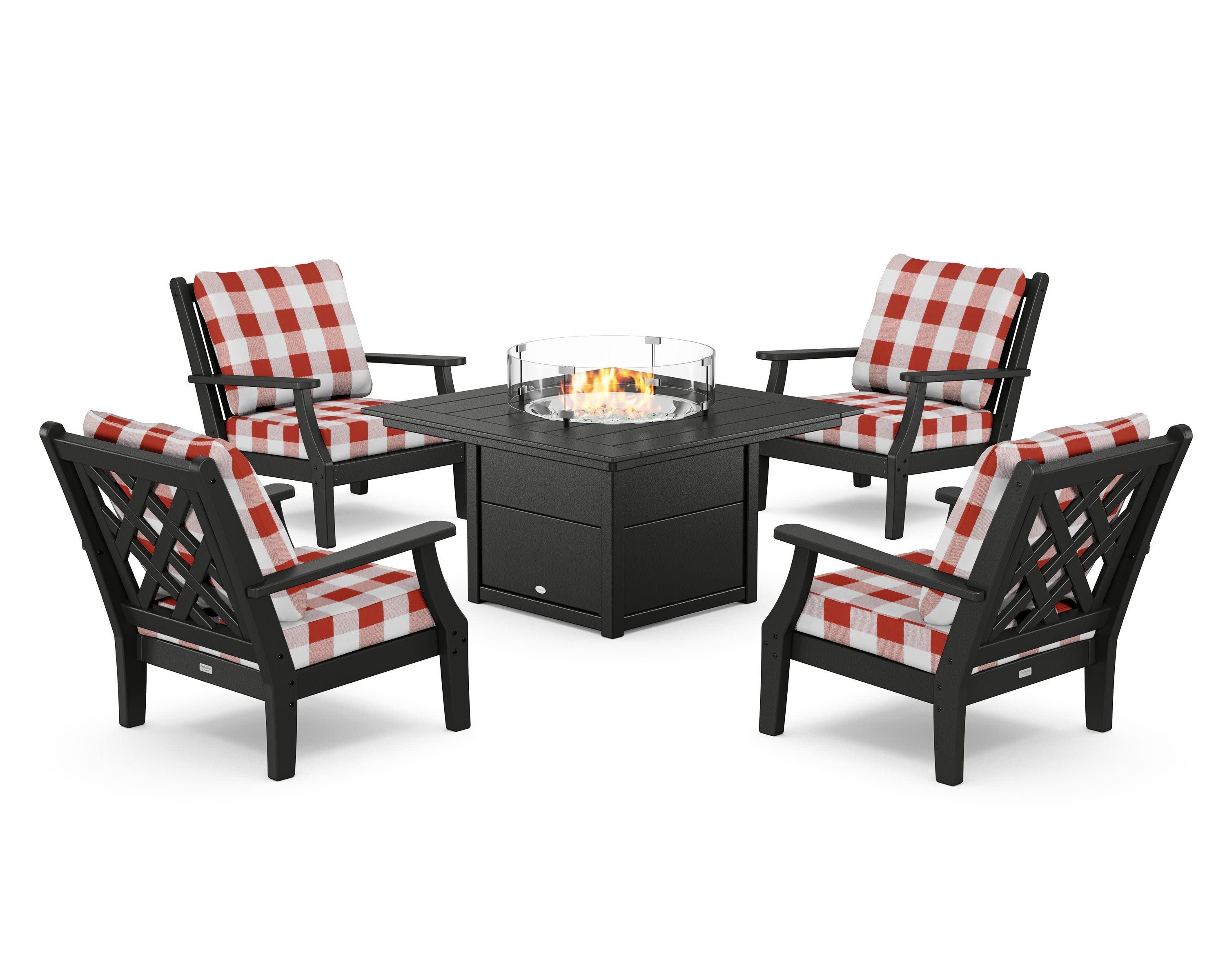 Wovendale 5-Piece Deep Seating Set with Fire Pit Table in Black / Buffalo Plaid Crimson