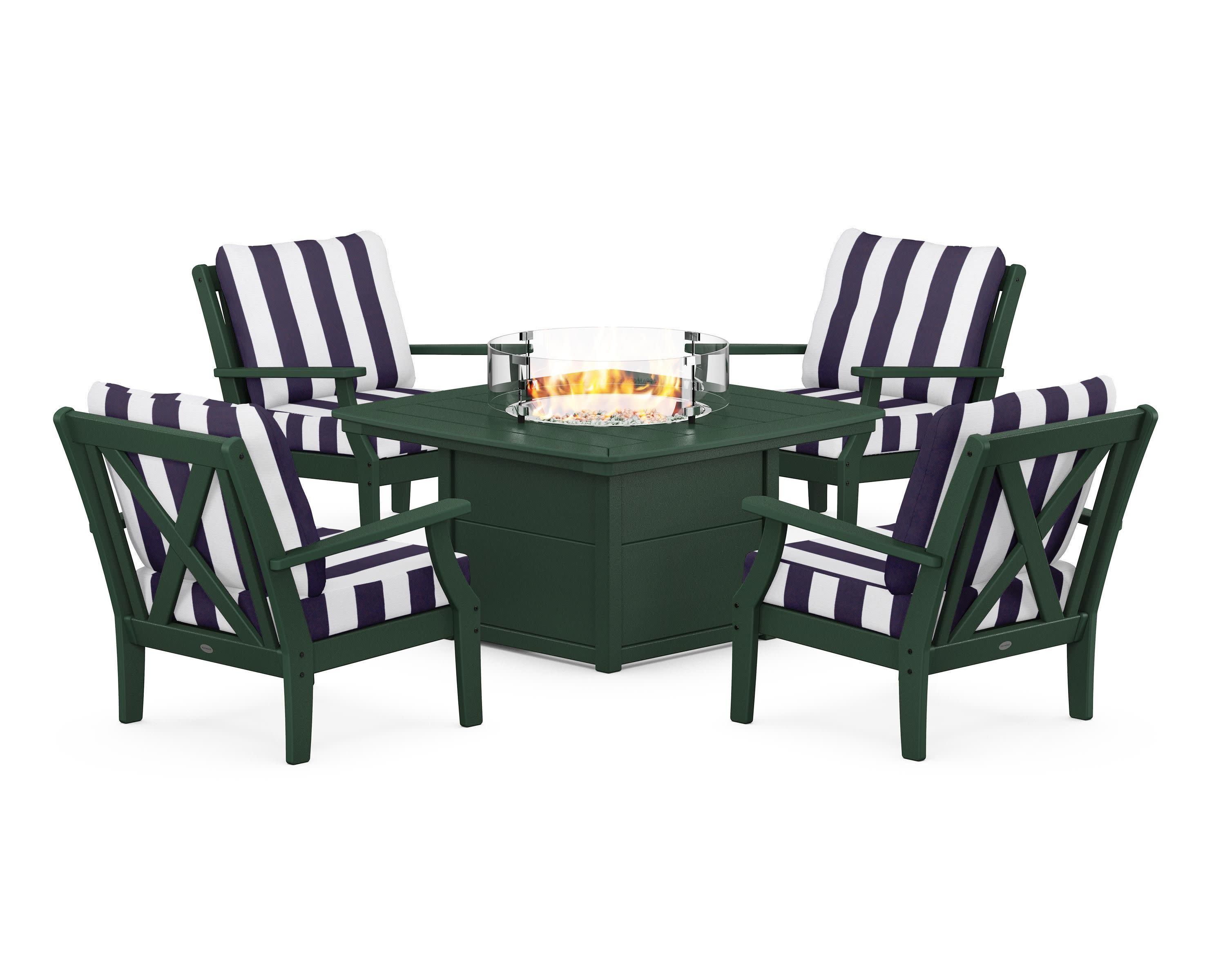 Braxton 5-Piece Deep Seating Conversation Set with Fire Pit Table in Green / Cabana Stripe Navy