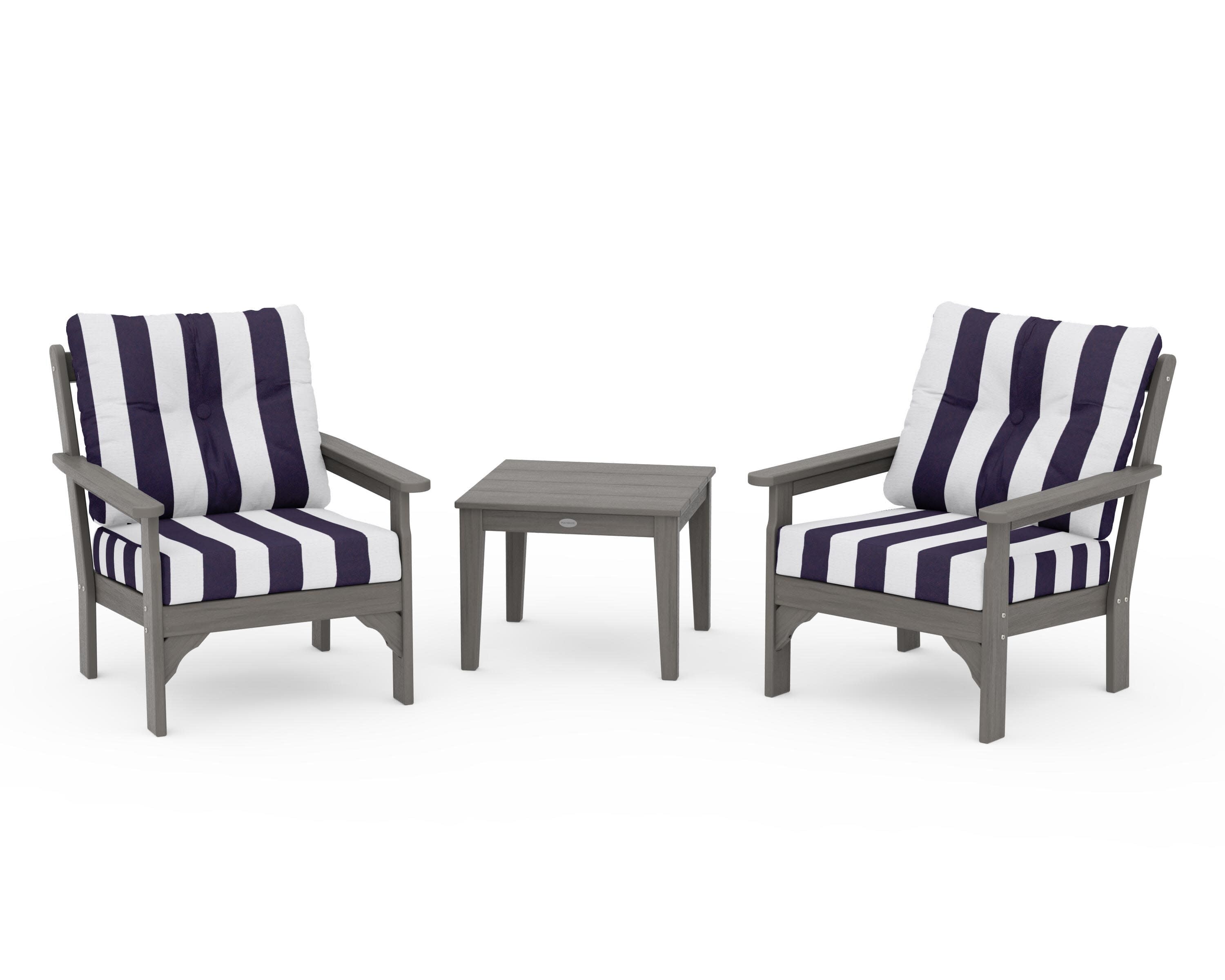 Vineyard 3-Piece Deep Seating Set in Driftwood / Cabana Stripe Navy