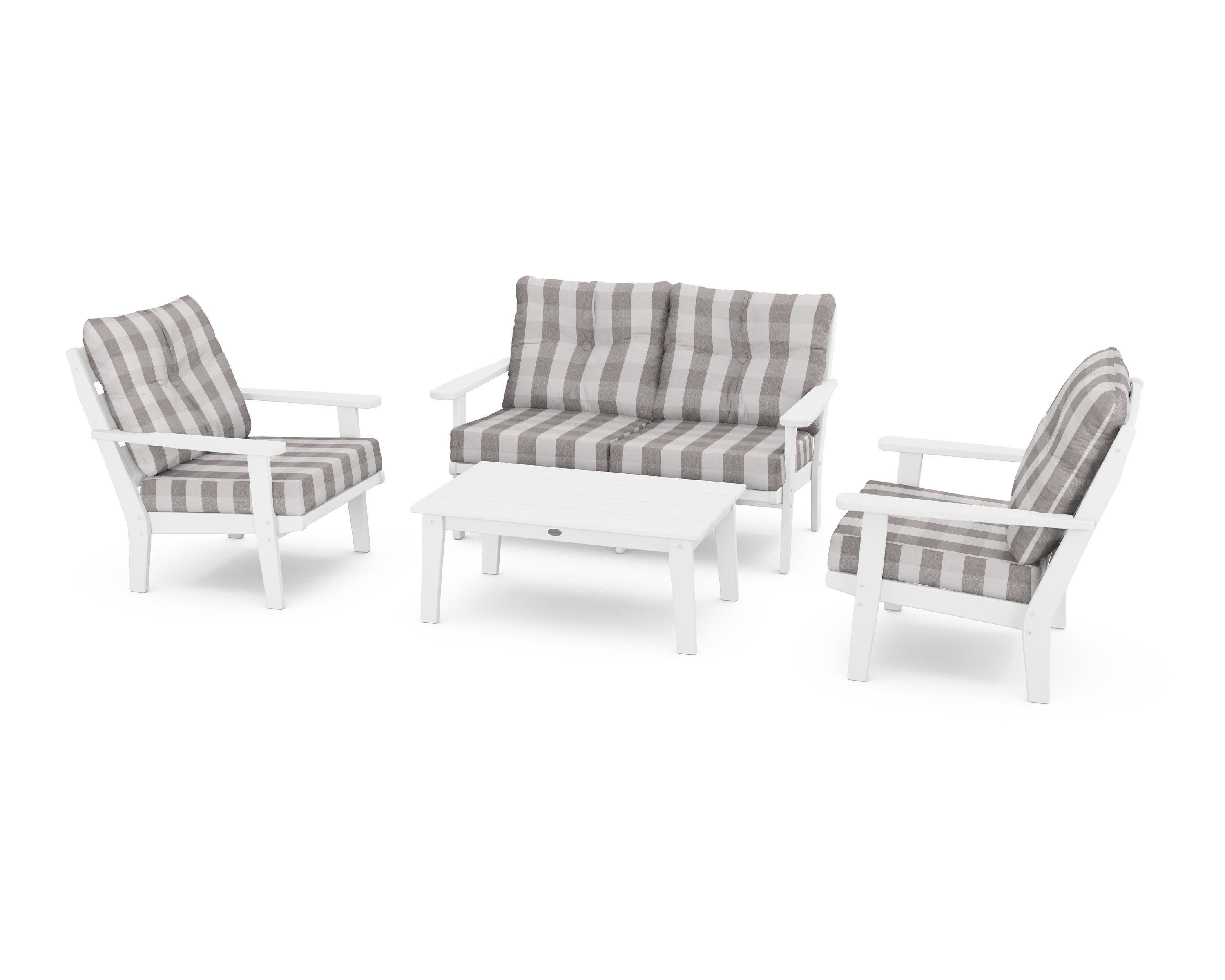 Lakeside 4-Piece Deep Seating Set in White / Buffalo Plaid Grey Mist