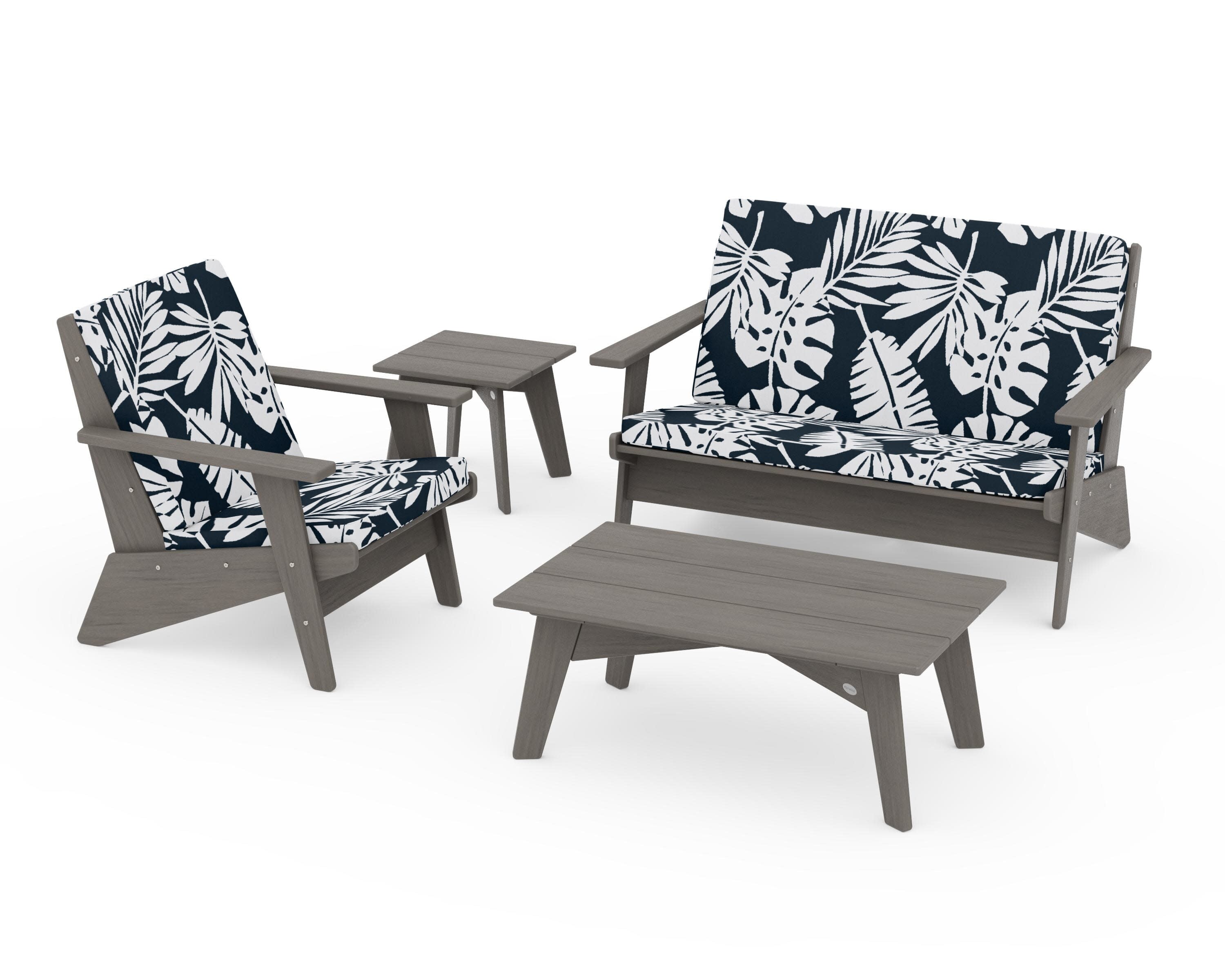 Riviera Modern Lounge 4-Piece Set in Driftwood / Leaf Marine Indigo