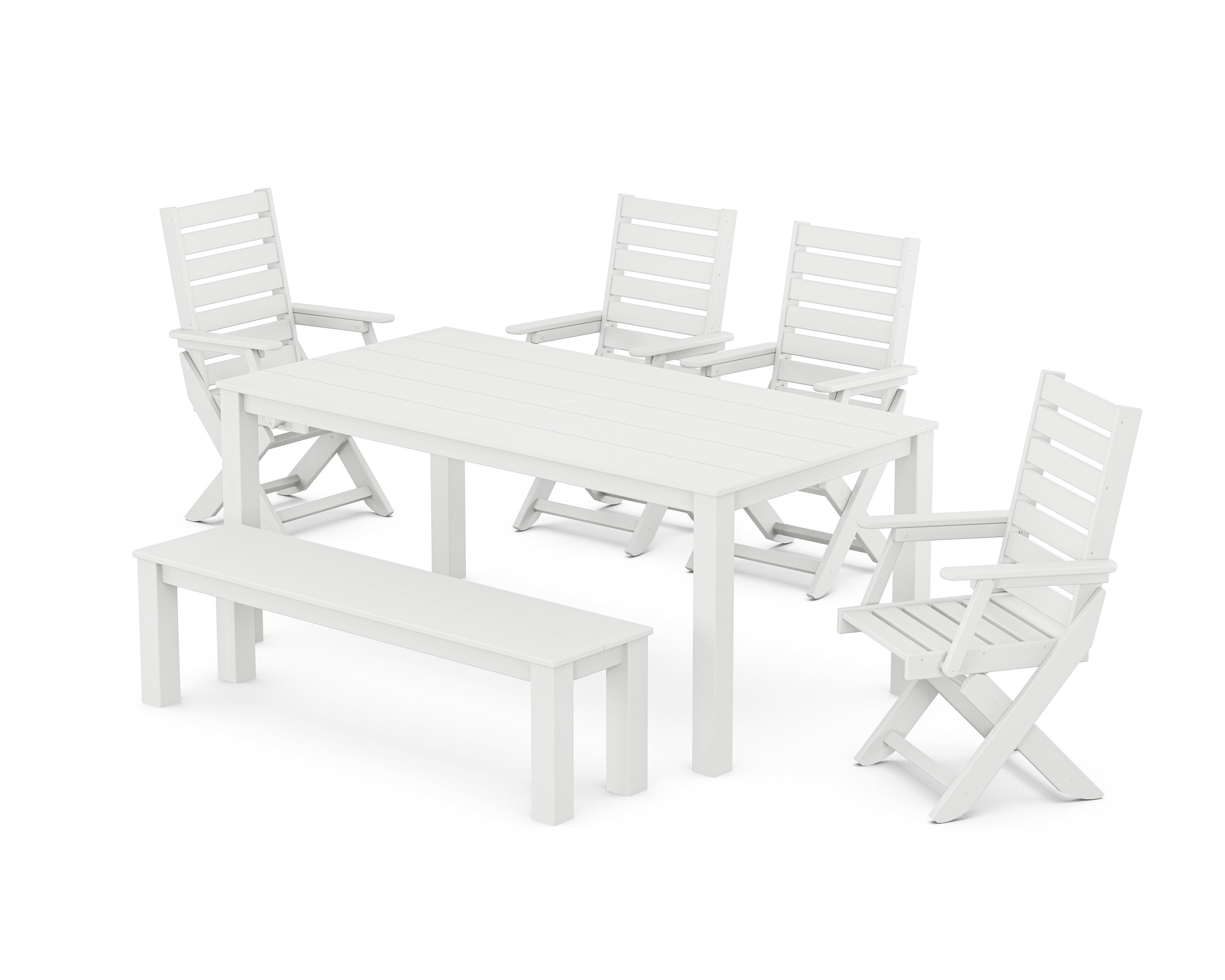 Captain Folding Chair 6-Piece Parsons Dining Set with Bench in White