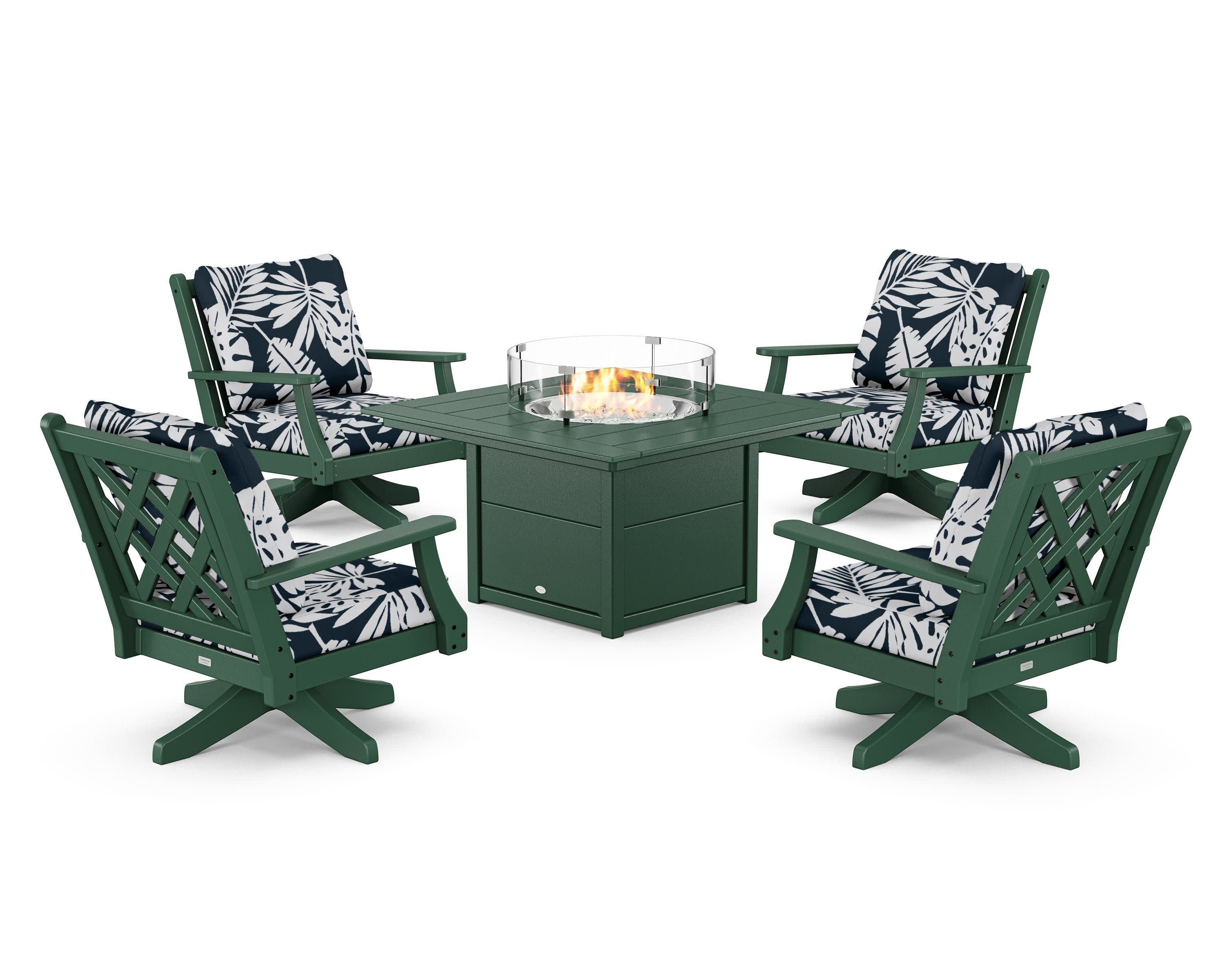 Wovendale 5-Piece Deep Seating Swivel Conversation Set with Fire Pit Table in Green / Leaf Marine Indigo