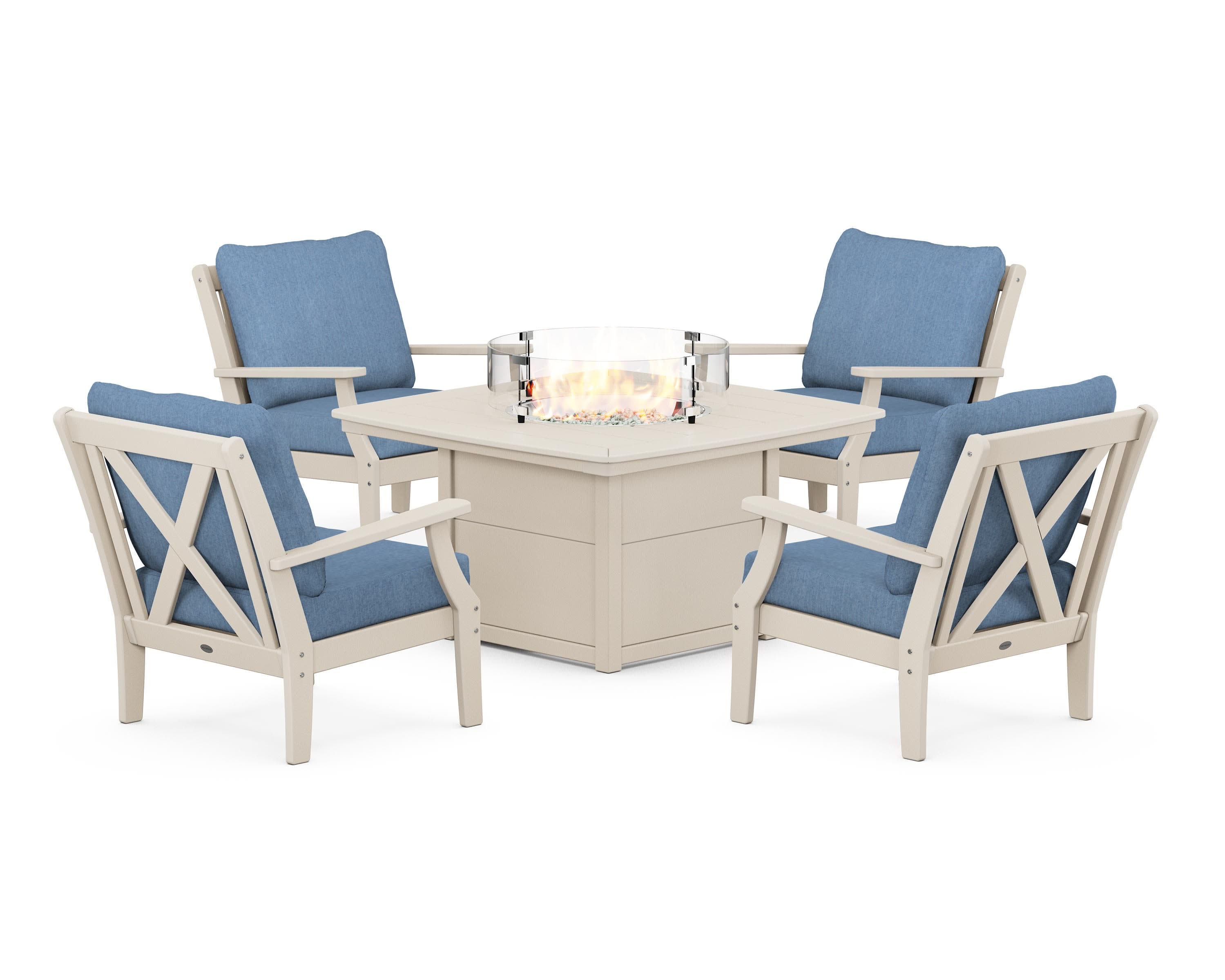 Braxton 5-Piece Deep Seating Conversation Set with Fire Pit Table in Sand / Sky Blue