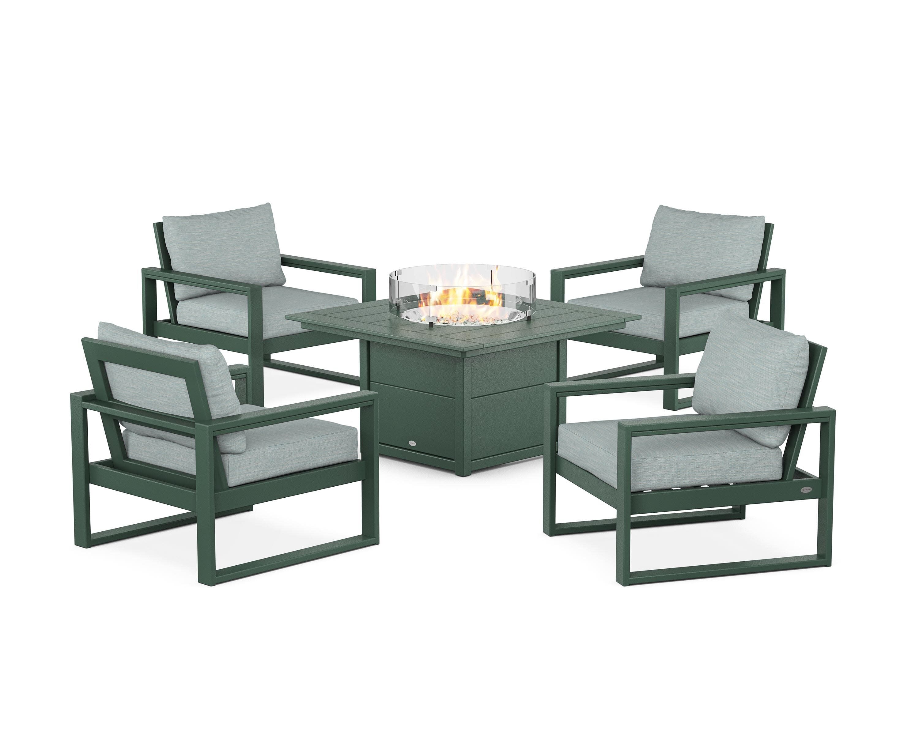 EDGE Sectional 5-Piece Deep Seating Set with Fire Pit Table in Green / Soothe Mist
