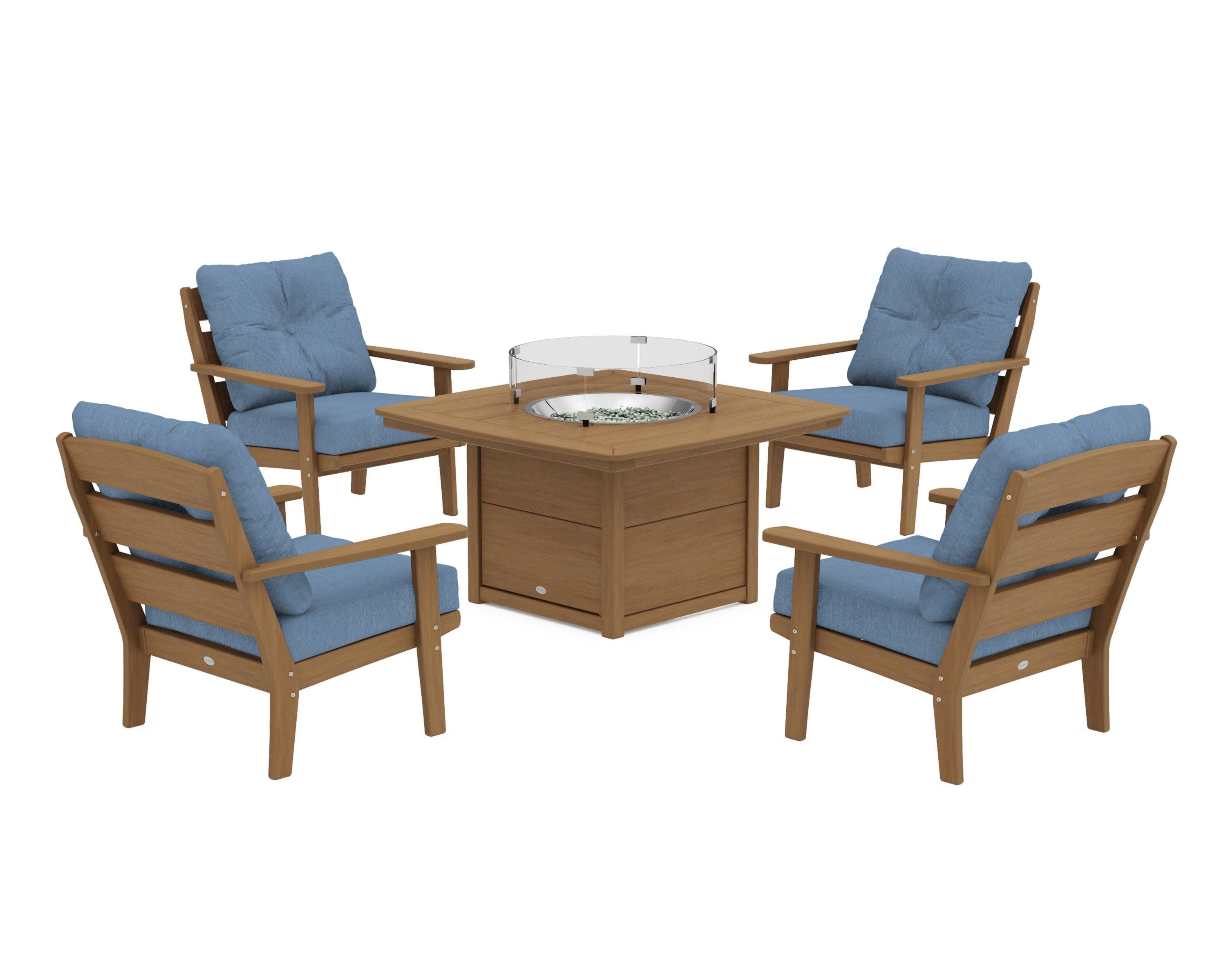 Lakeside 5-Piece Deep Seating Set with Nautical Fire Pit Table in Natural / Sky Blue