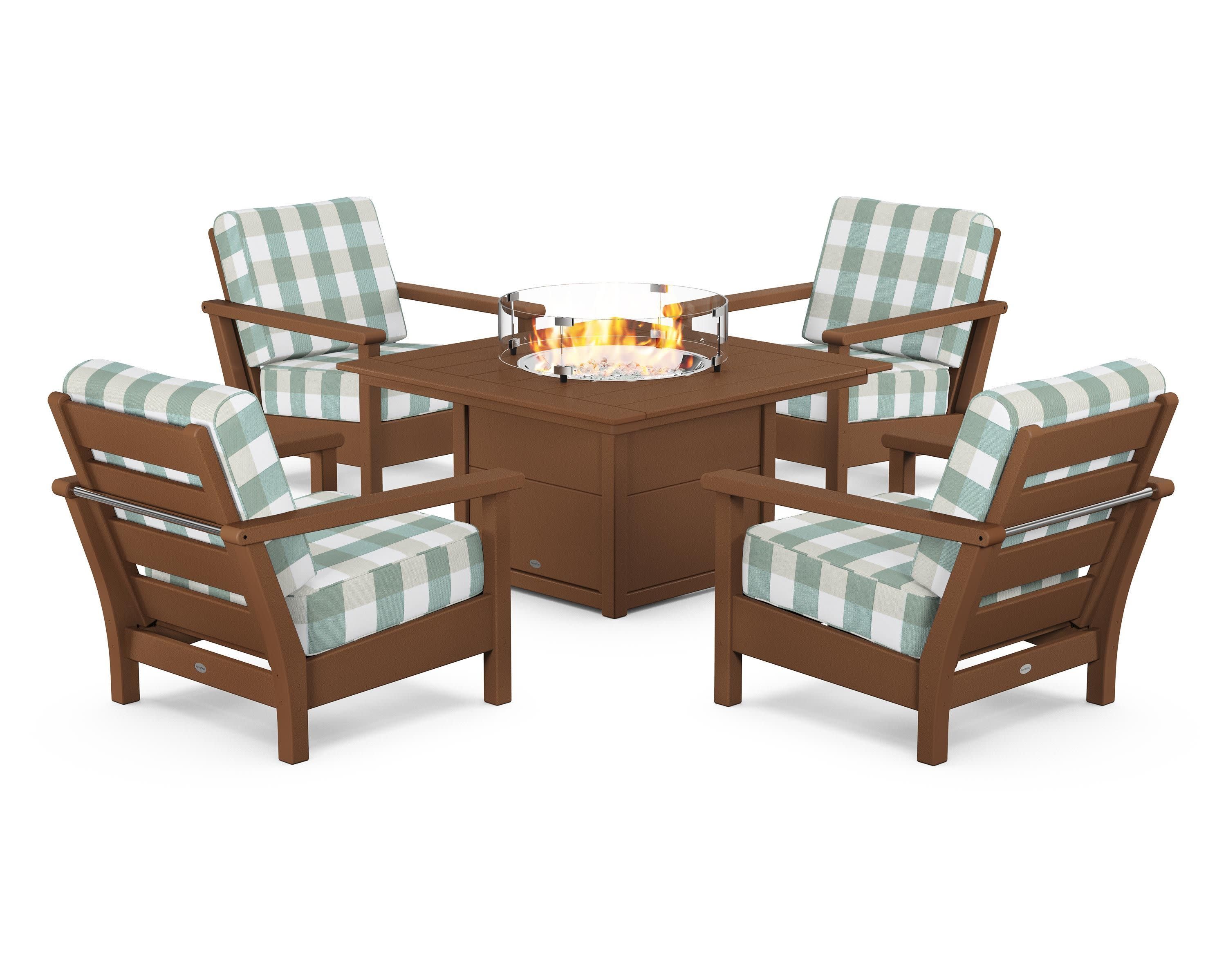 Harbour 5-Piece Conversation Set with Fire Pit Table in Teak / Buffalo Plaid Glacier Spa