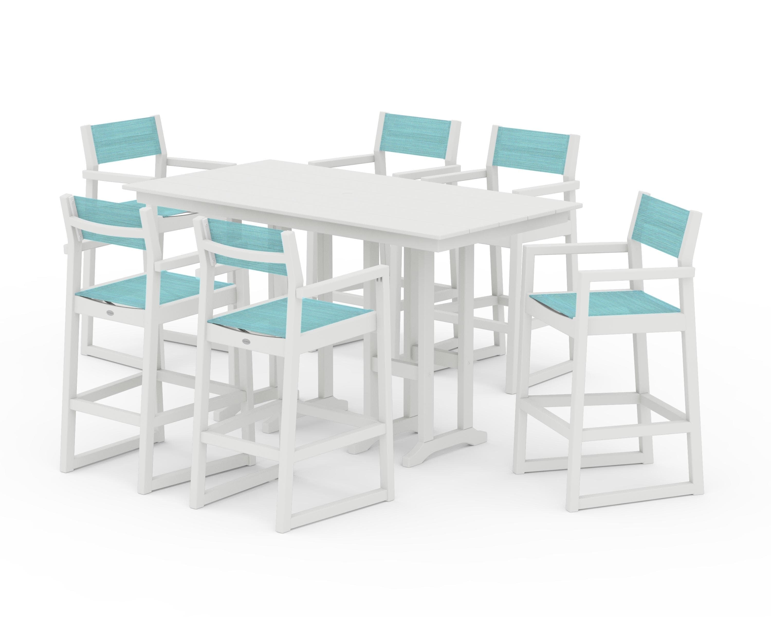 EDGE Sling Arm Chair 7-Piece Farmhouse Bar Set in Vintage White / Dupioni Aquamarine Sling