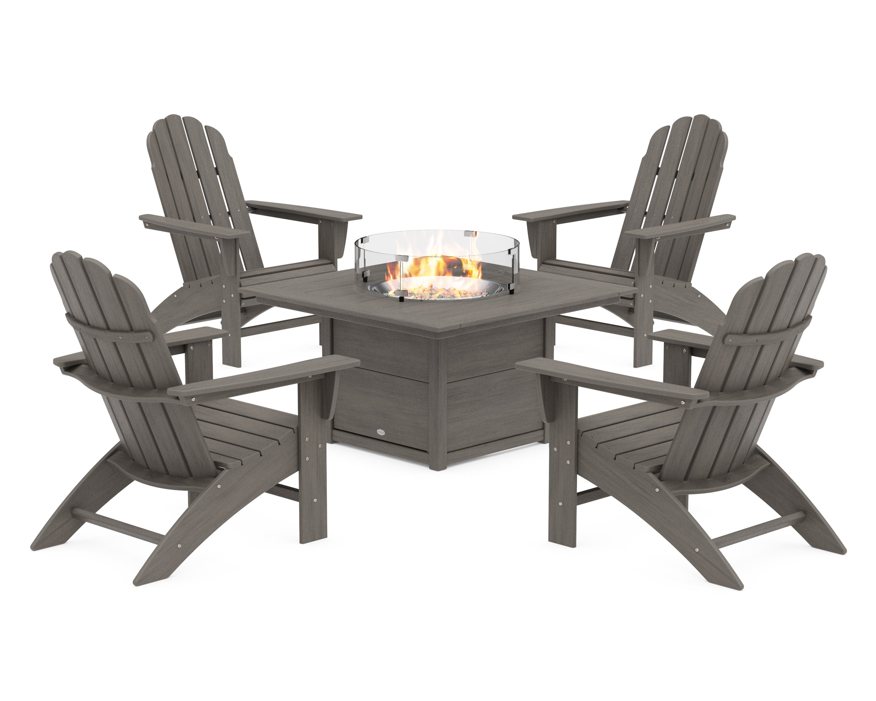 Nautical Curveback Adirondack 5-Piece Conversation Set with Fire Pit Table in Driftwood