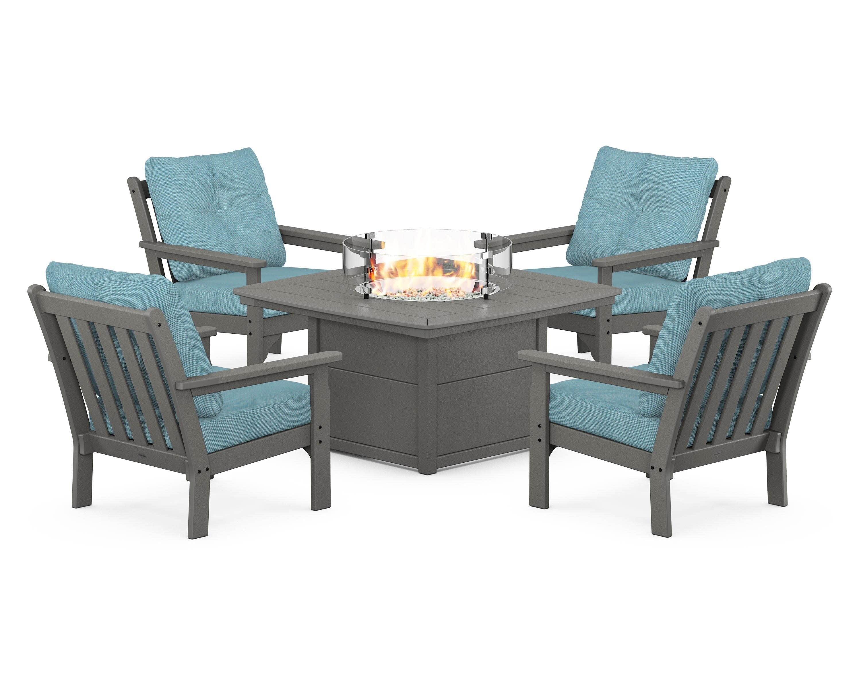Vineyard 5-Piece Conversation Set with Fire Pit Table in Slate Grey / Lattice Sky Blue