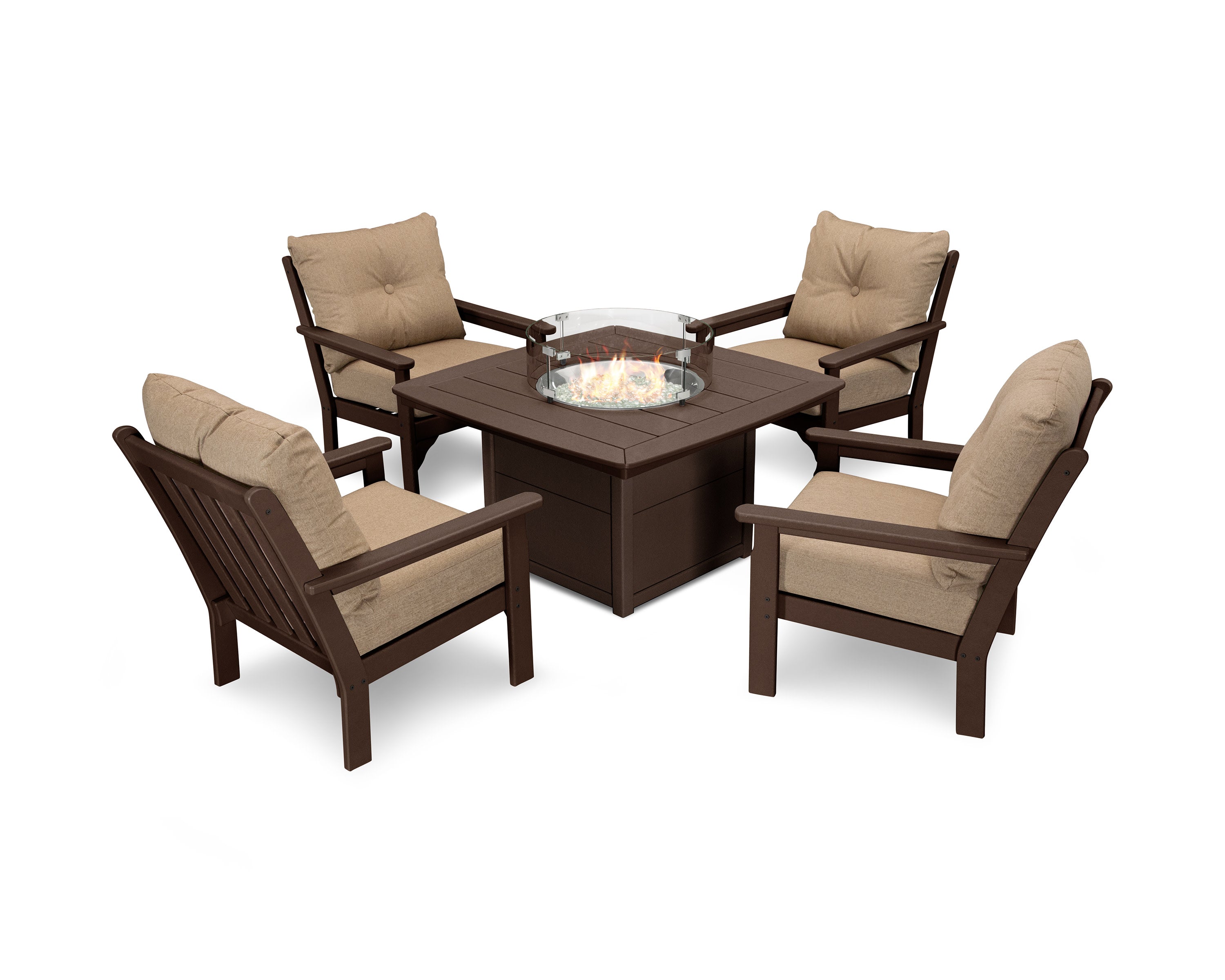 Vineyard 5-Piece Conversation Set with Fire Pit Table in Mahogany / Sesame