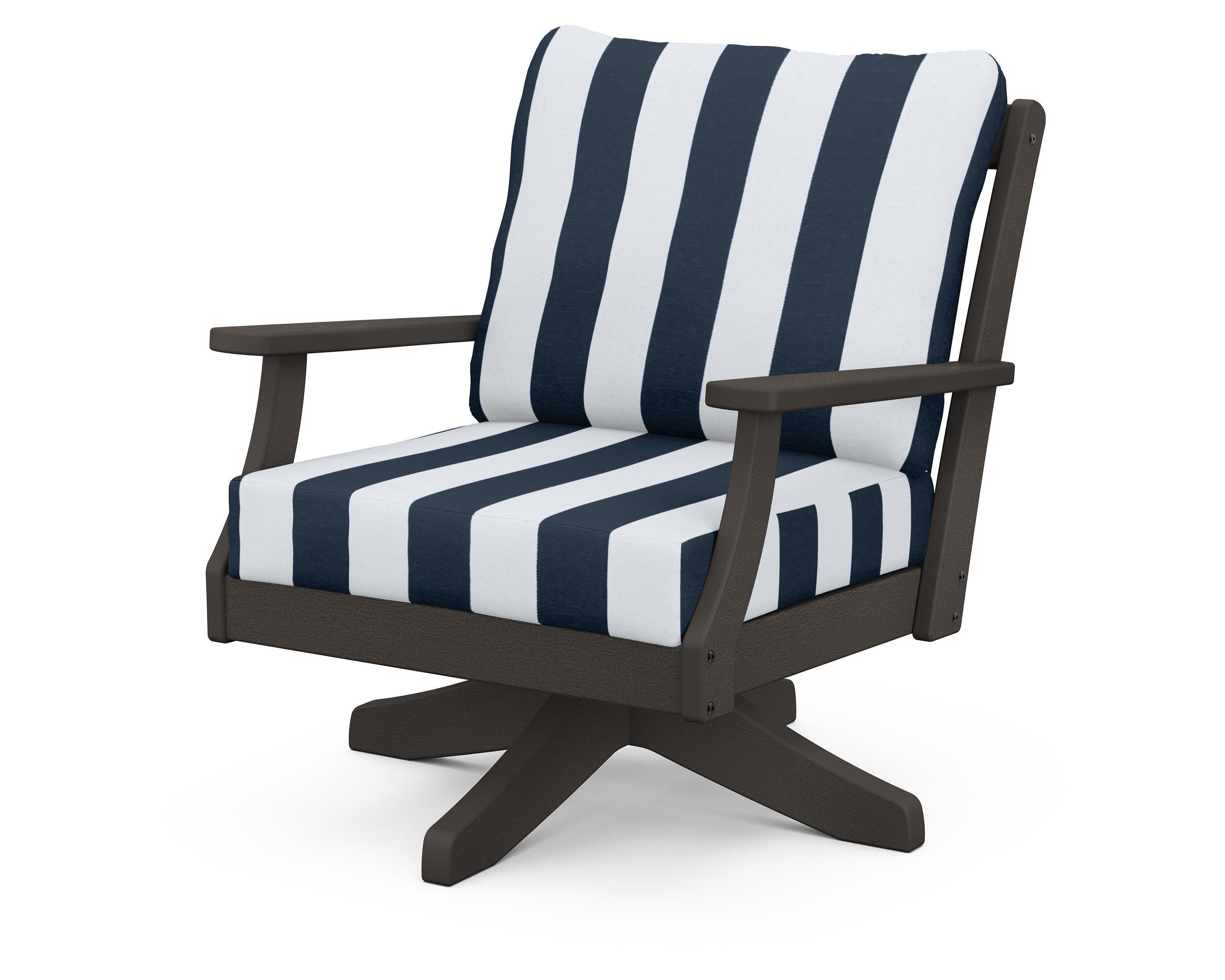 Braxton Deep Seating Swivel Chair in Vintage Coffee / Cabana Stripe Marine Indigo