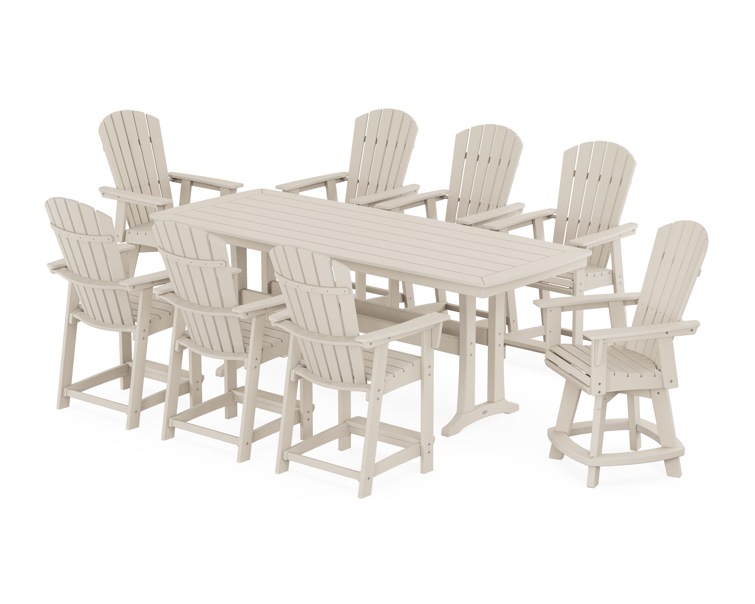 Nautical Curveback Adirondack Swivel 9-Piece Counter Set with Trestle Legs in Sand