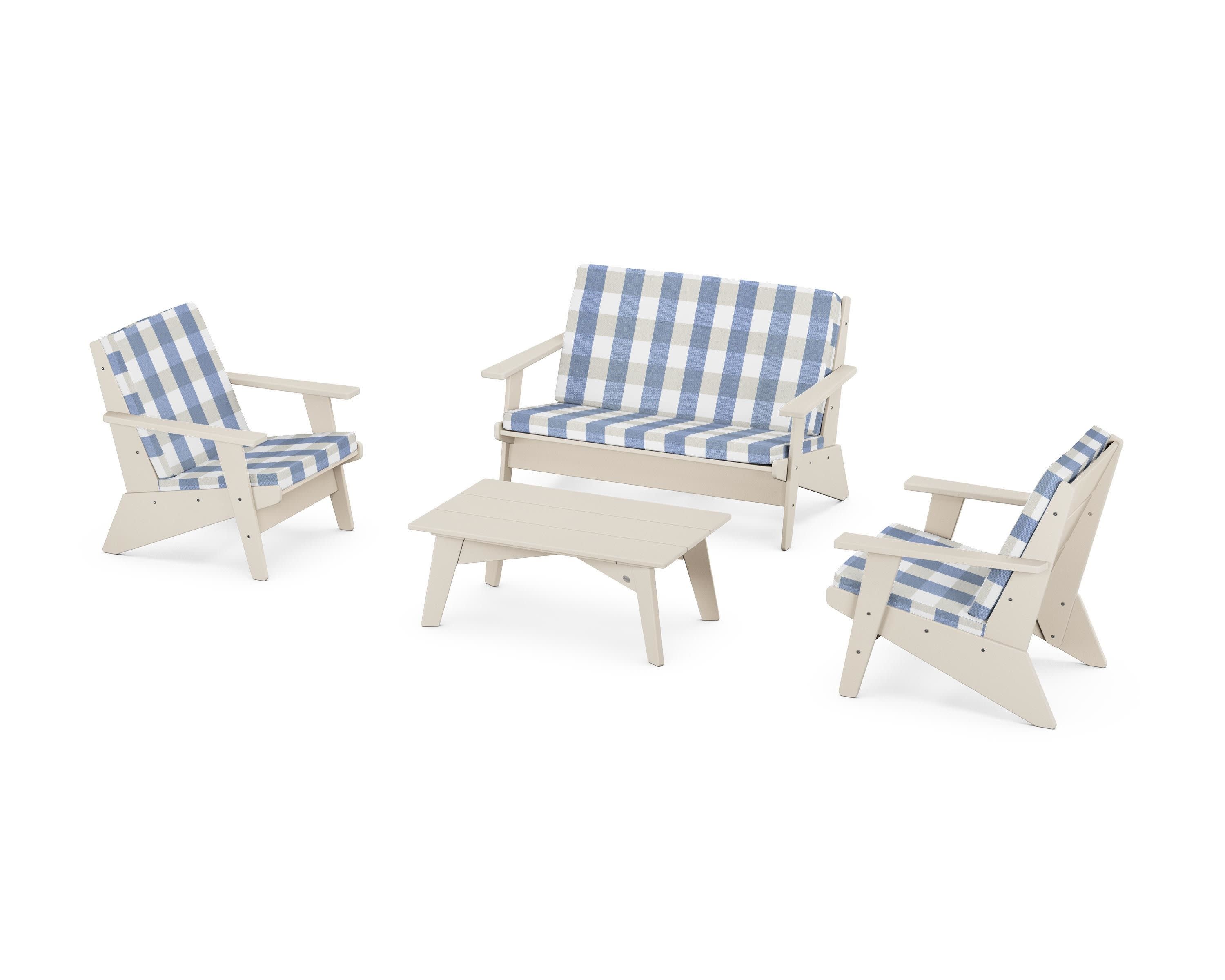 Riviera Modern Lounge 4-Piece Set in Sand / Buffalo Plaid Sky Blue