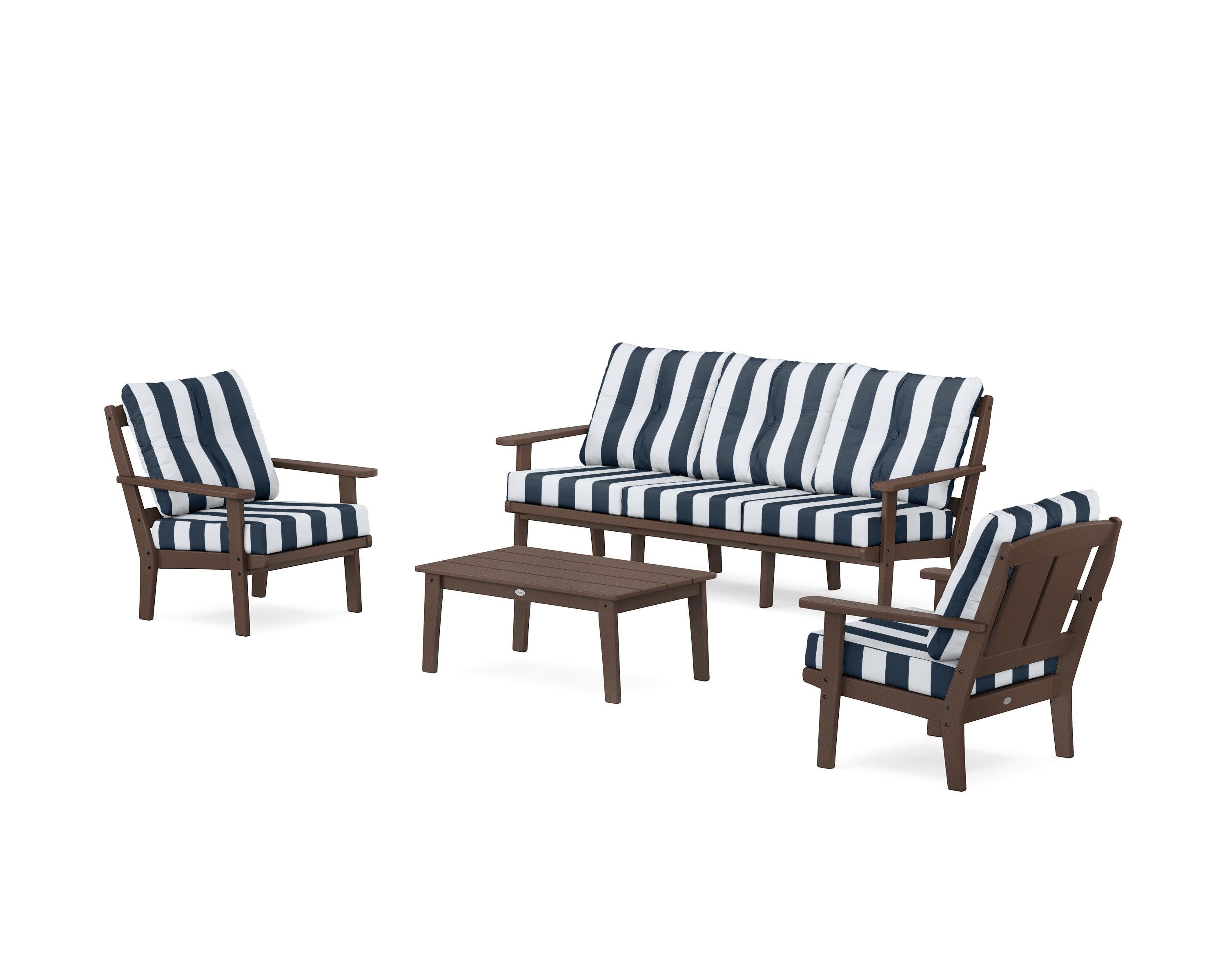 Mission 4-Piece Deep Seating Set with Sofa in Mahogany / Cabana Stripe Marine Indigo