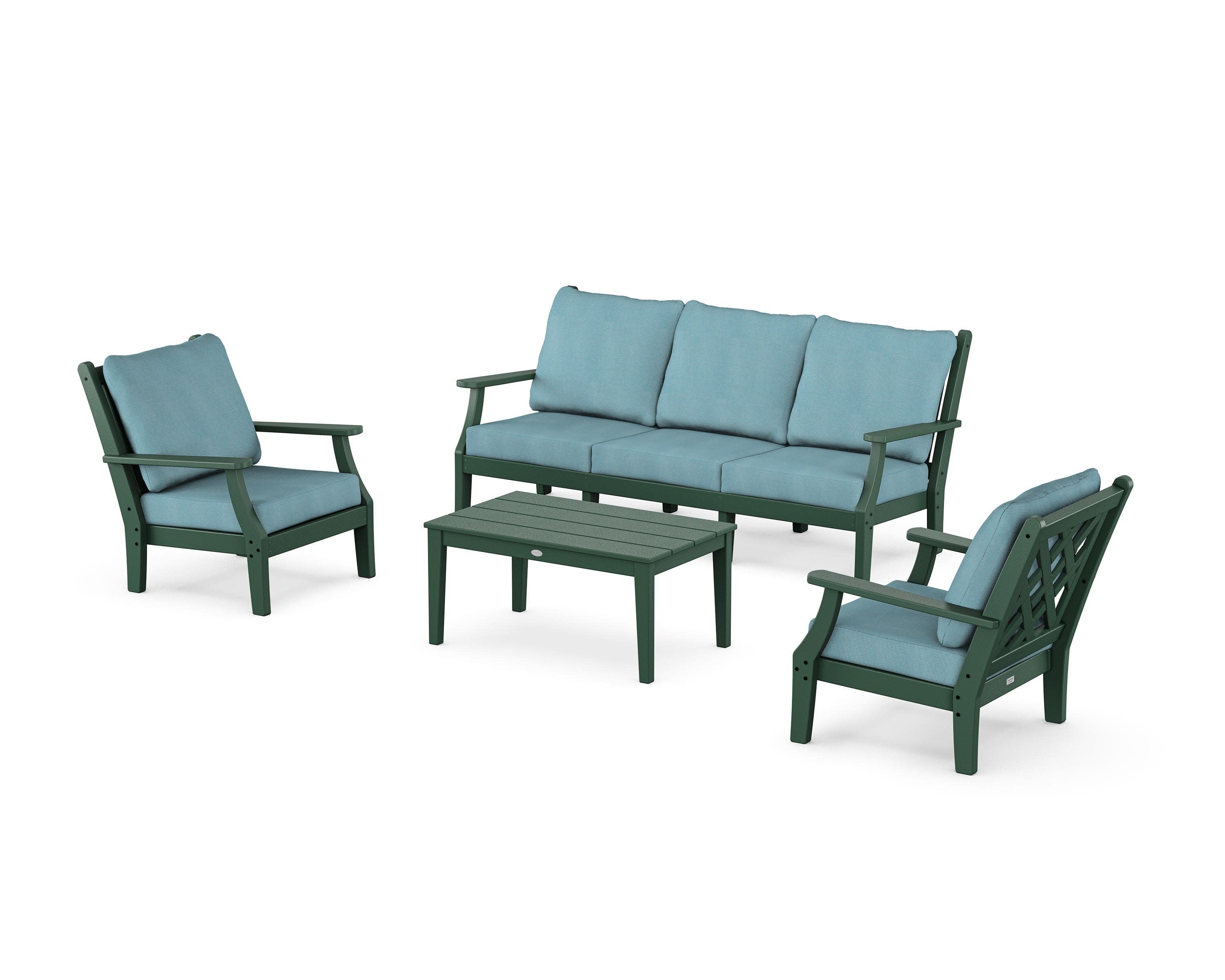 Wovendale 4-Piece Deep Seating Set with Sofa in Green / Lattice Sky Blue