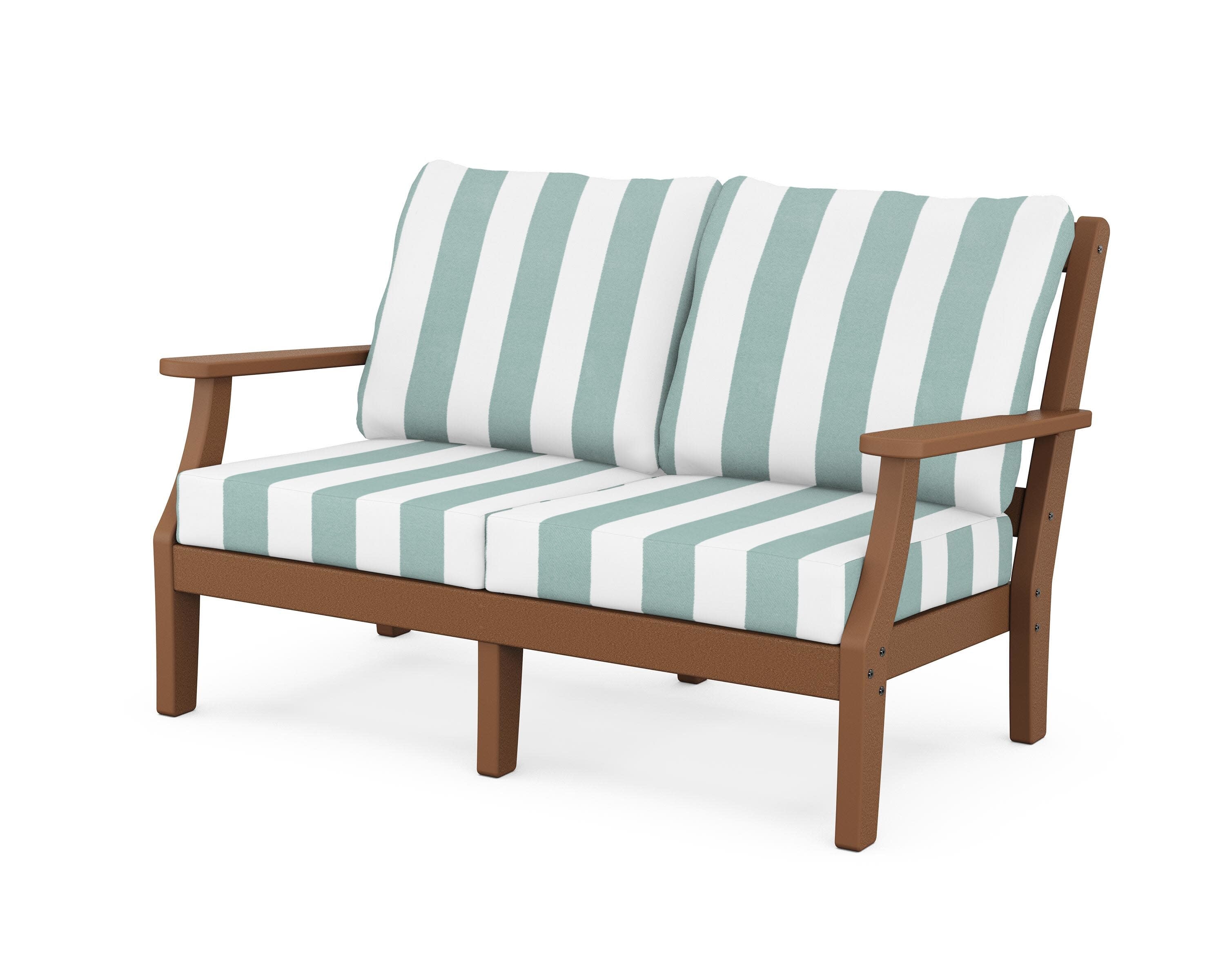 Chinoiserie Deep Seating Loveseat in Teak / Cabana Stripe Glacier Spa