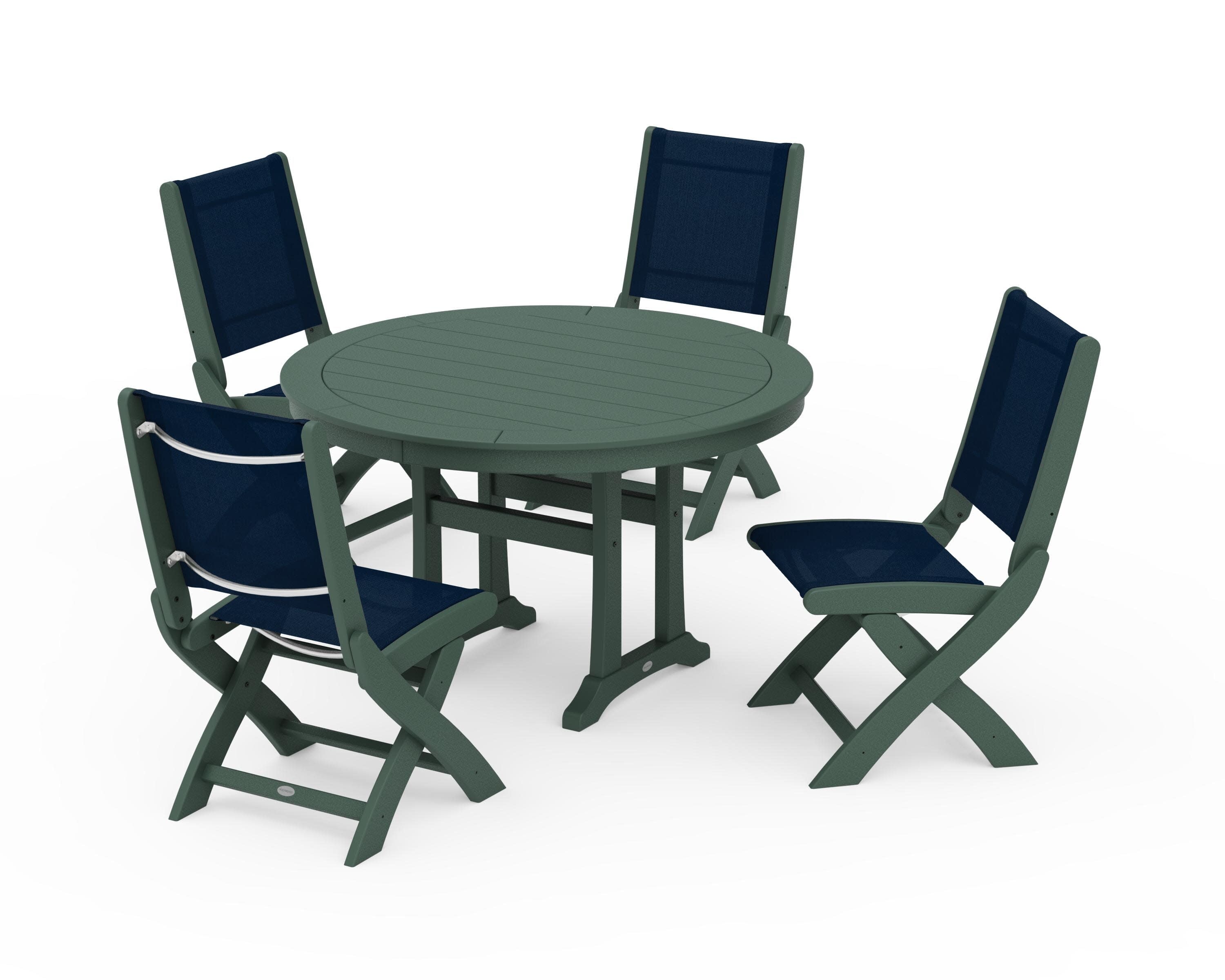 Coastal Folding Side Chair 5-Piece Round Dining Set With Trestle Legs in Green / Navy Blue Sling