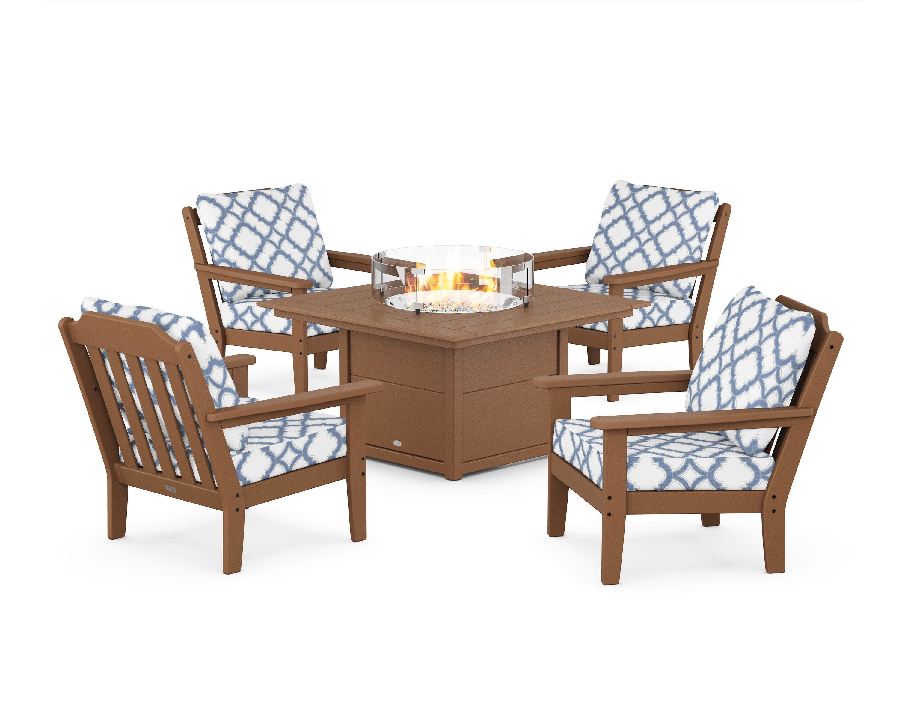 Cottage 5-Piece Deep Seating Set with Fire Pit Table in Teak / Trellis Sky Blue