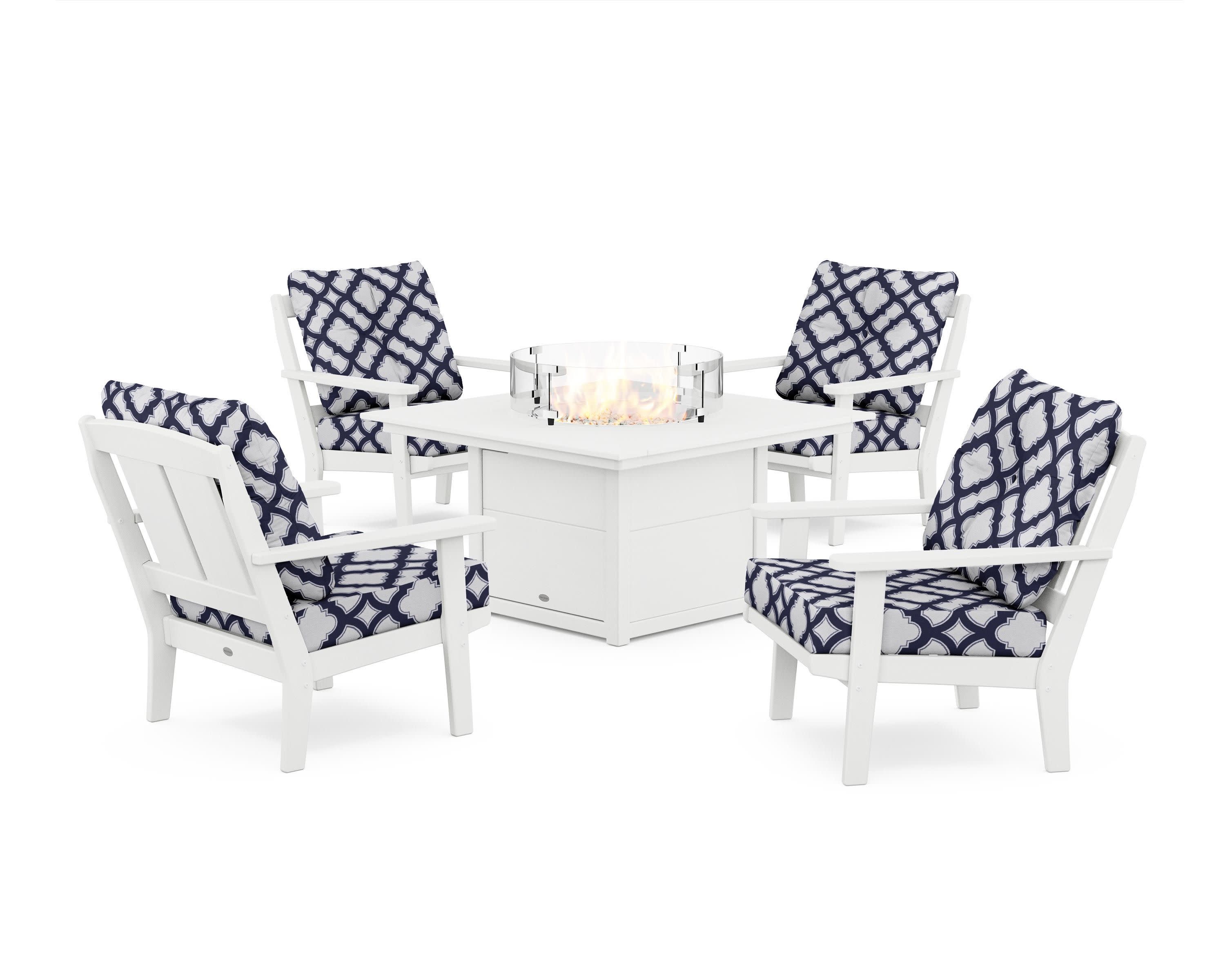Mission 5-Piece Deep Seating Set with Fire Pit Table in White / Trellis Navy
