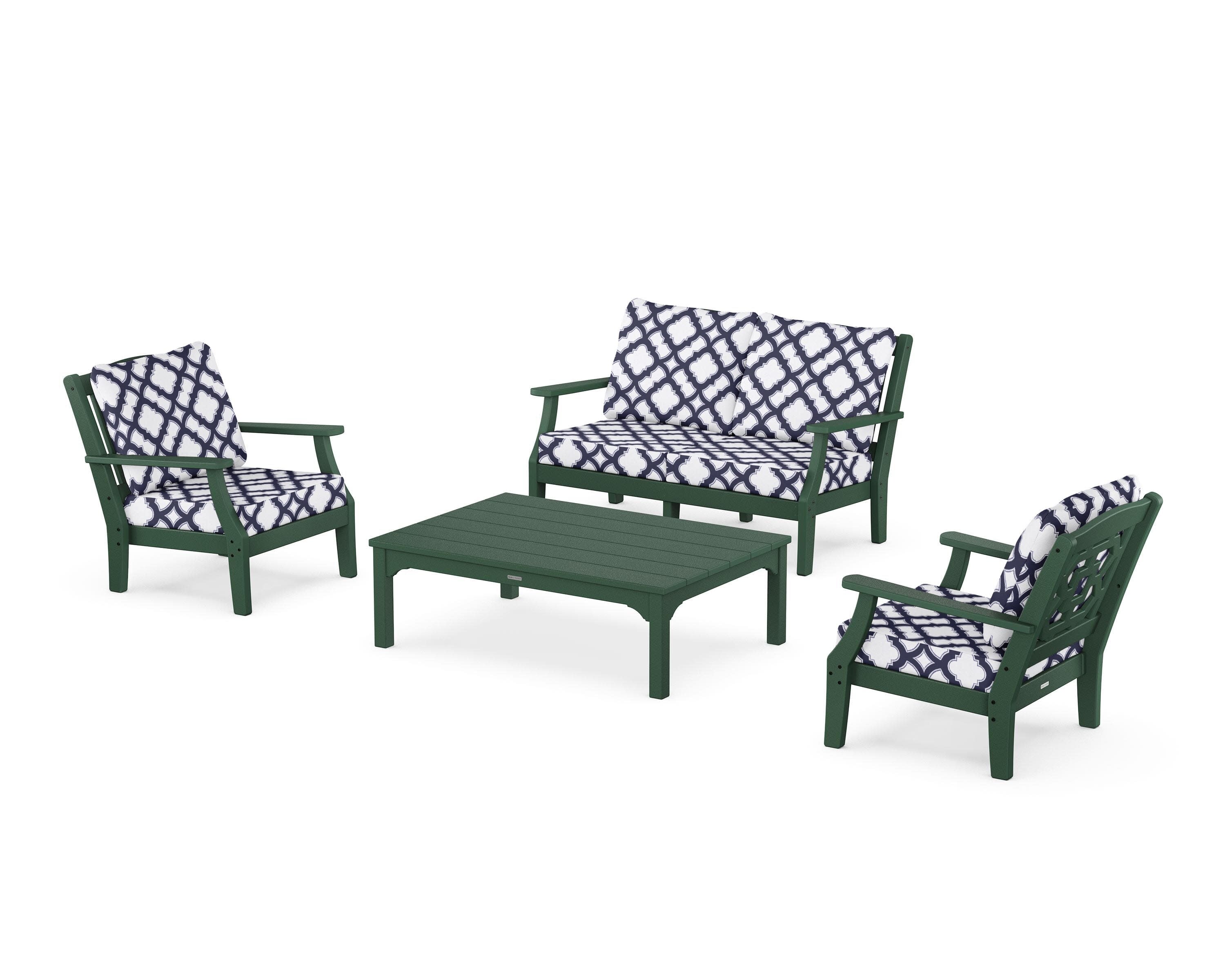 Chinoiserie 4-Piece Deep Seating Set with Loveseat in Green / Trellis Navy