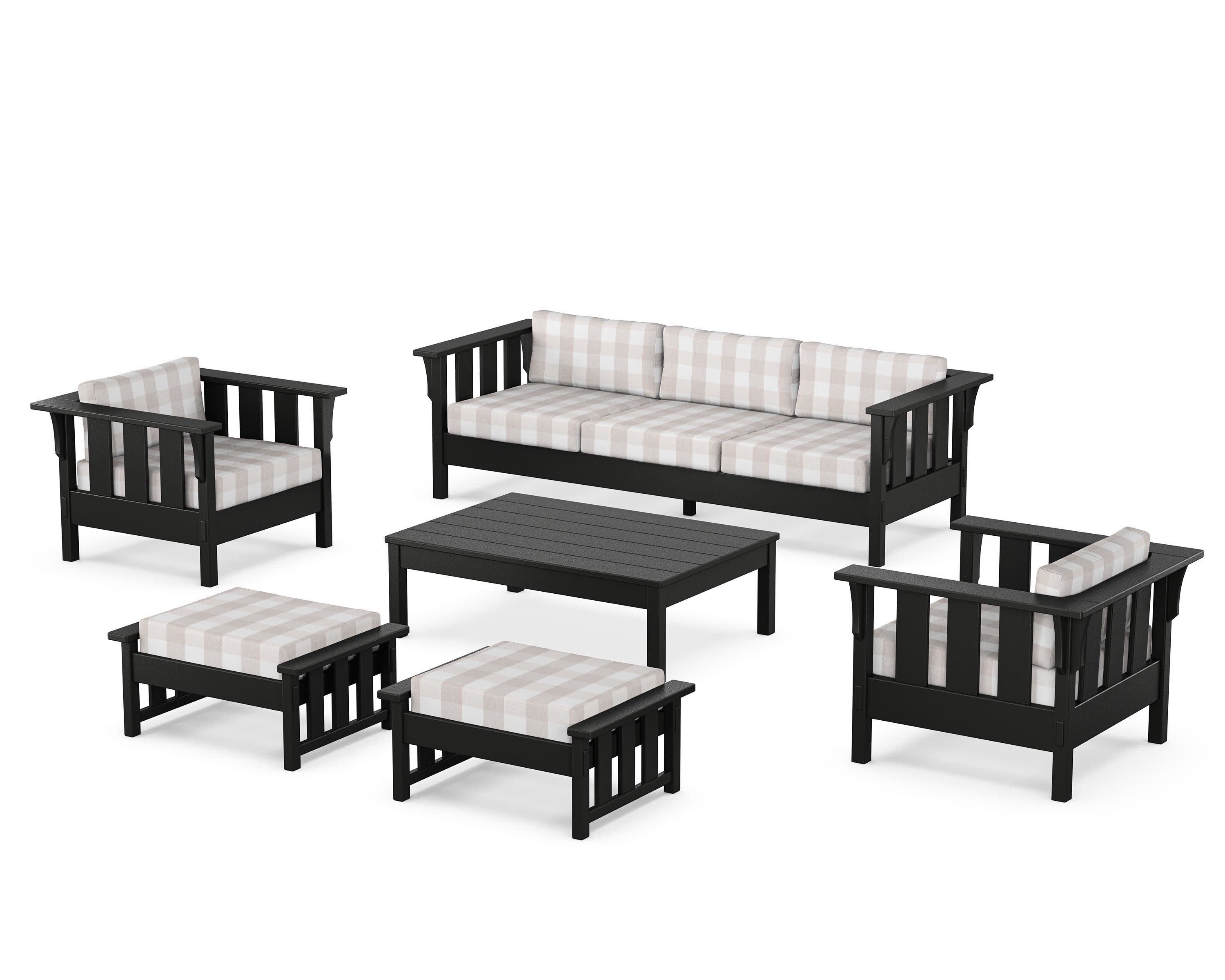 Acadia 6-Piece Lounge Sofa Set in Black / Buffalo Plaid Dune Burlap