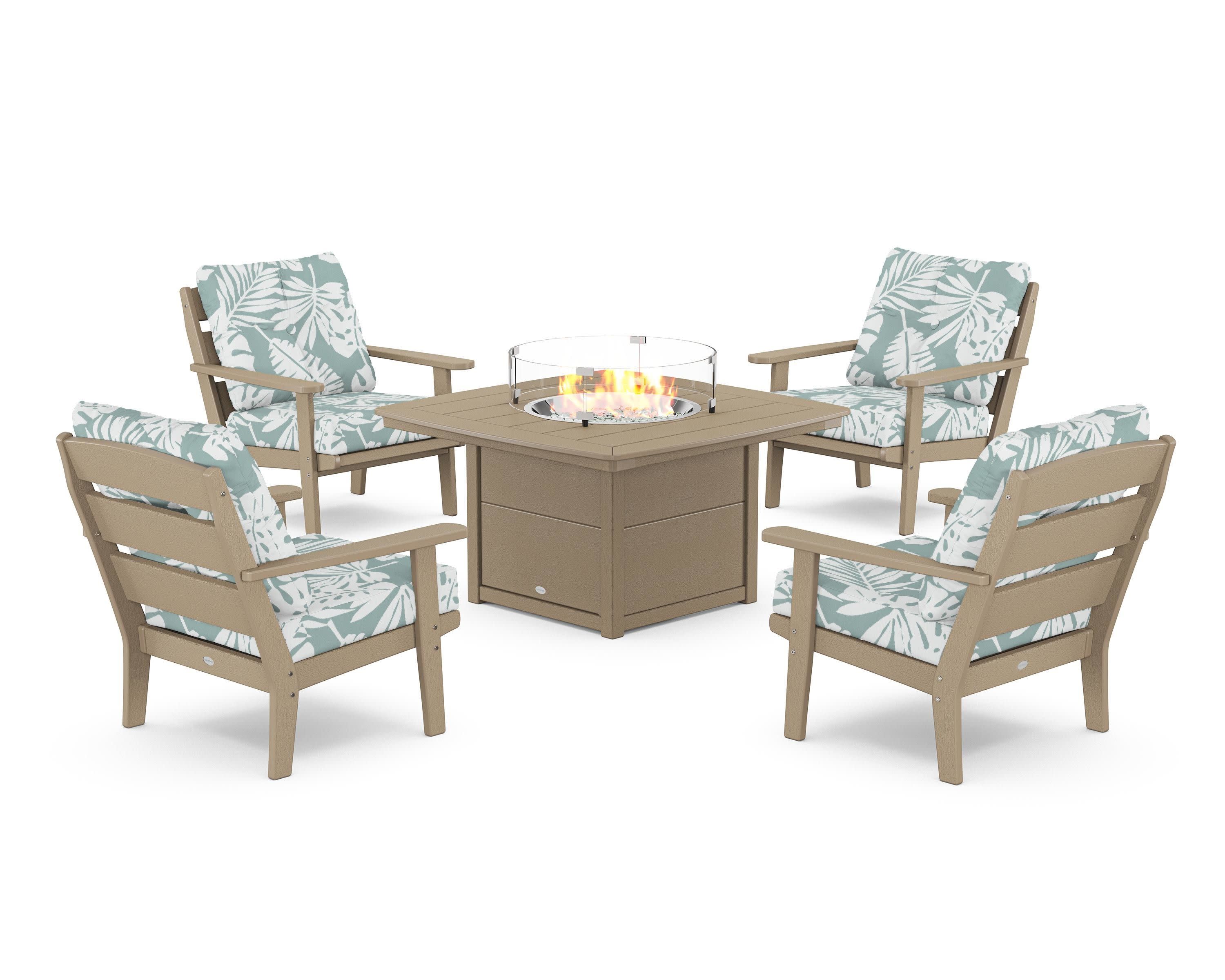 Lakeside 5-Piece Deep Seating Set with Nautical Fire Pit Table in Vintage Sahara / Leaf Glacier Spa