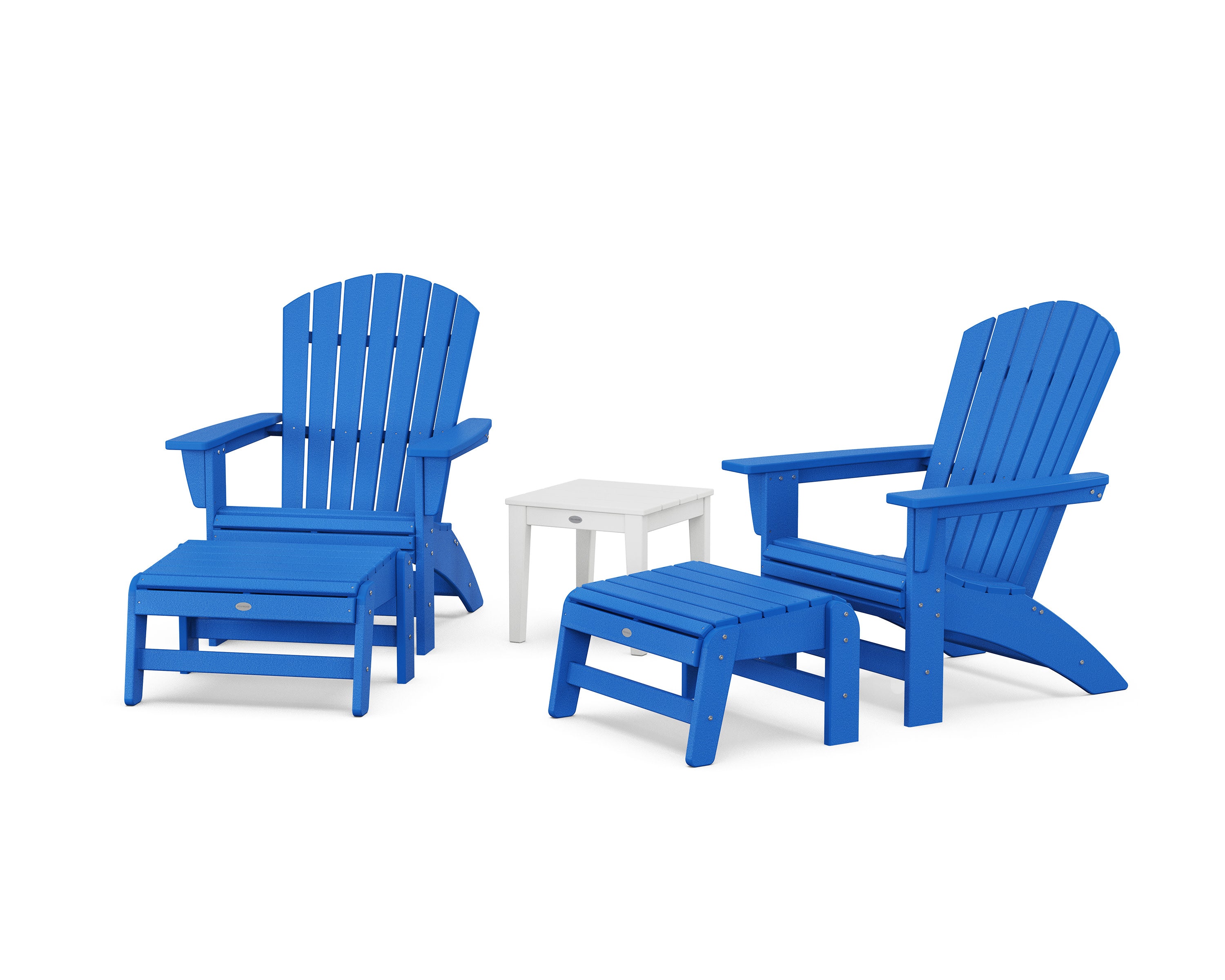 5-Piece Nautical Grand Adirondack Set with Ottomans and Side Table in Pacific Blue / White