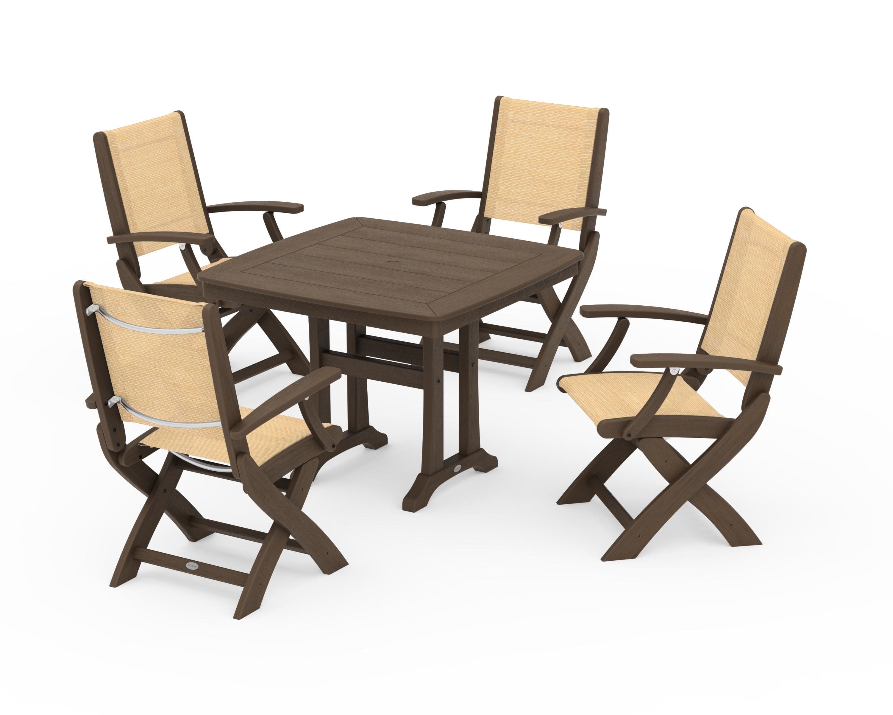 Coastal Folding Chair 5-Piece Dining Set with Trestle Legs in Kona / Dupioni Apricot Sling