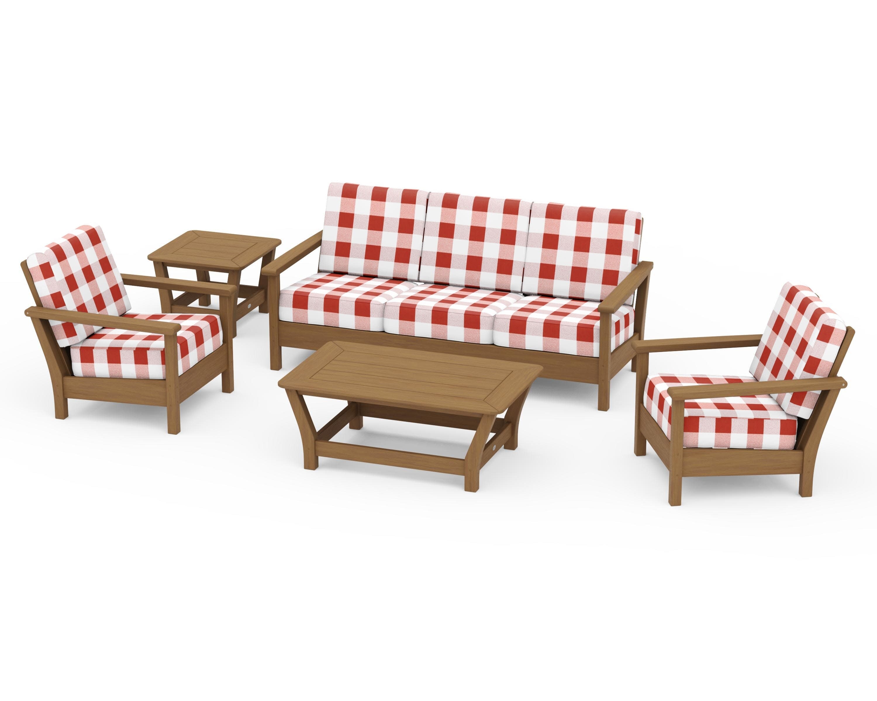 Harbour 5-Piece Deep Seating Set in Natural / Buffalo Plaid Crimson