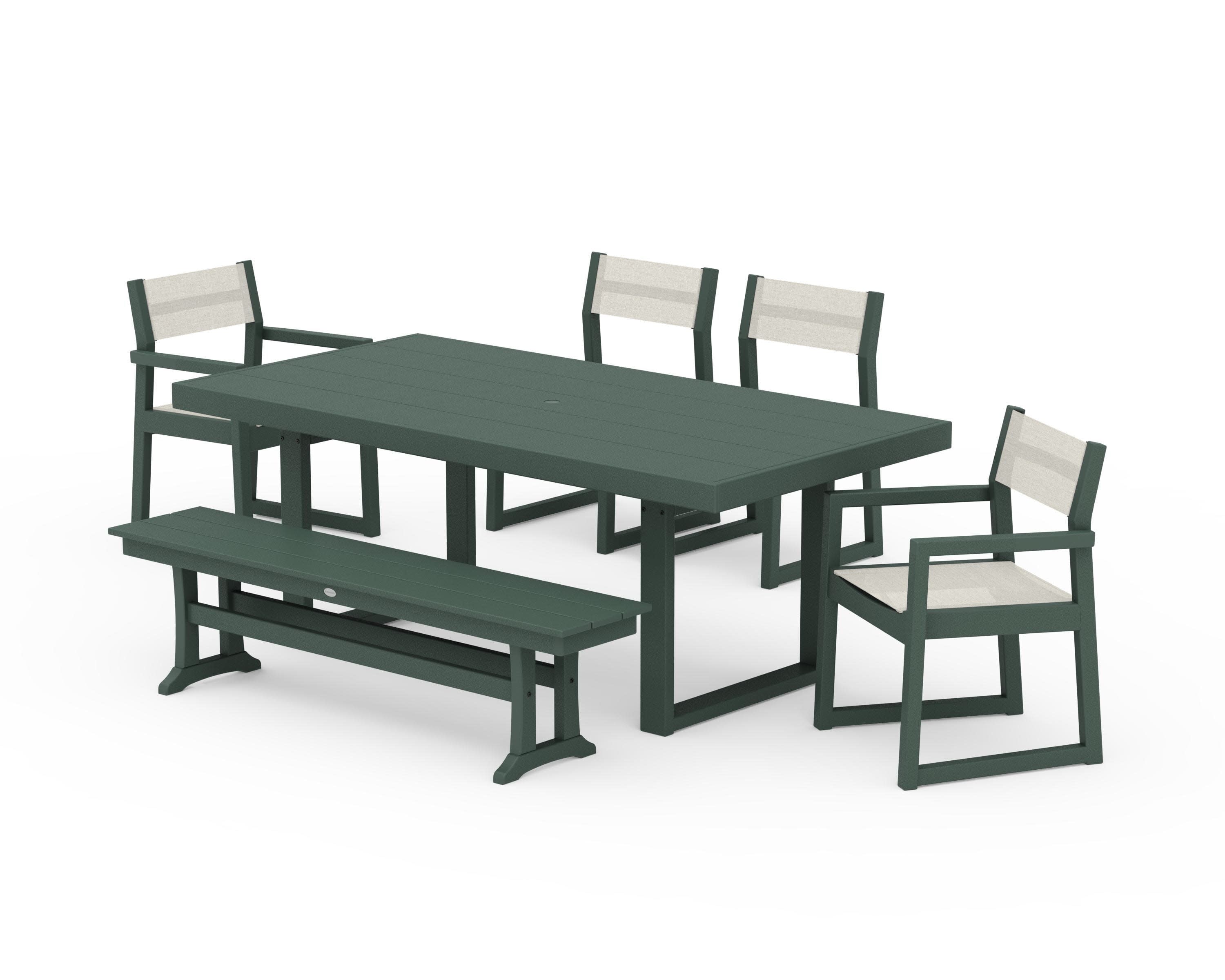 EDGE Sling 6-Piece Dining Set with Bench in Green / Parchment Sling