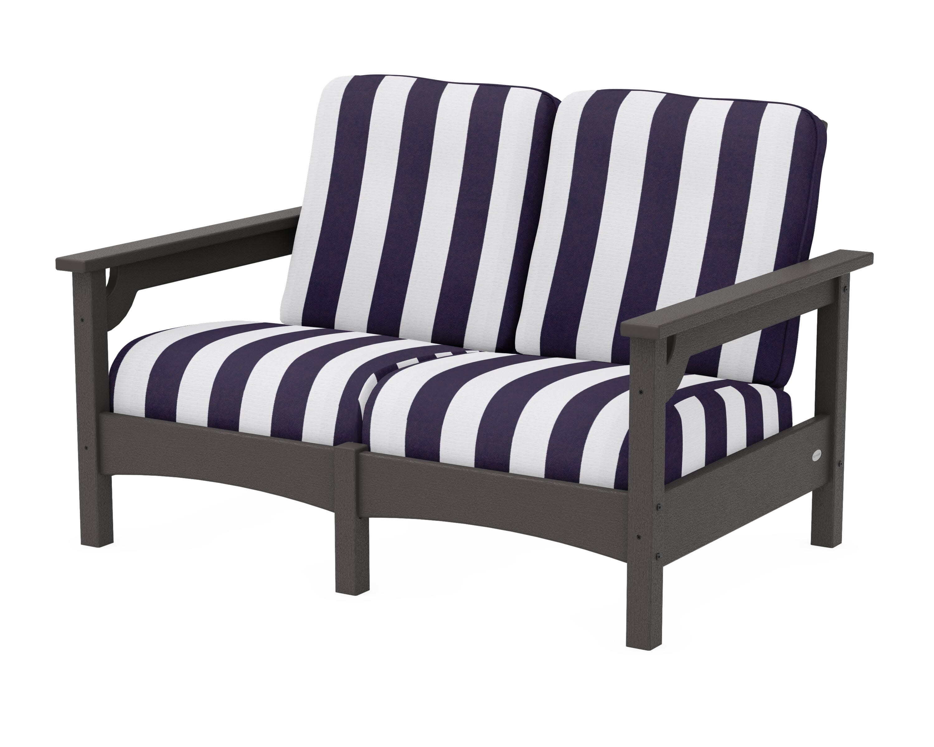 Club Loveseat in Vintage Coffee / Cabana Stripe Navy