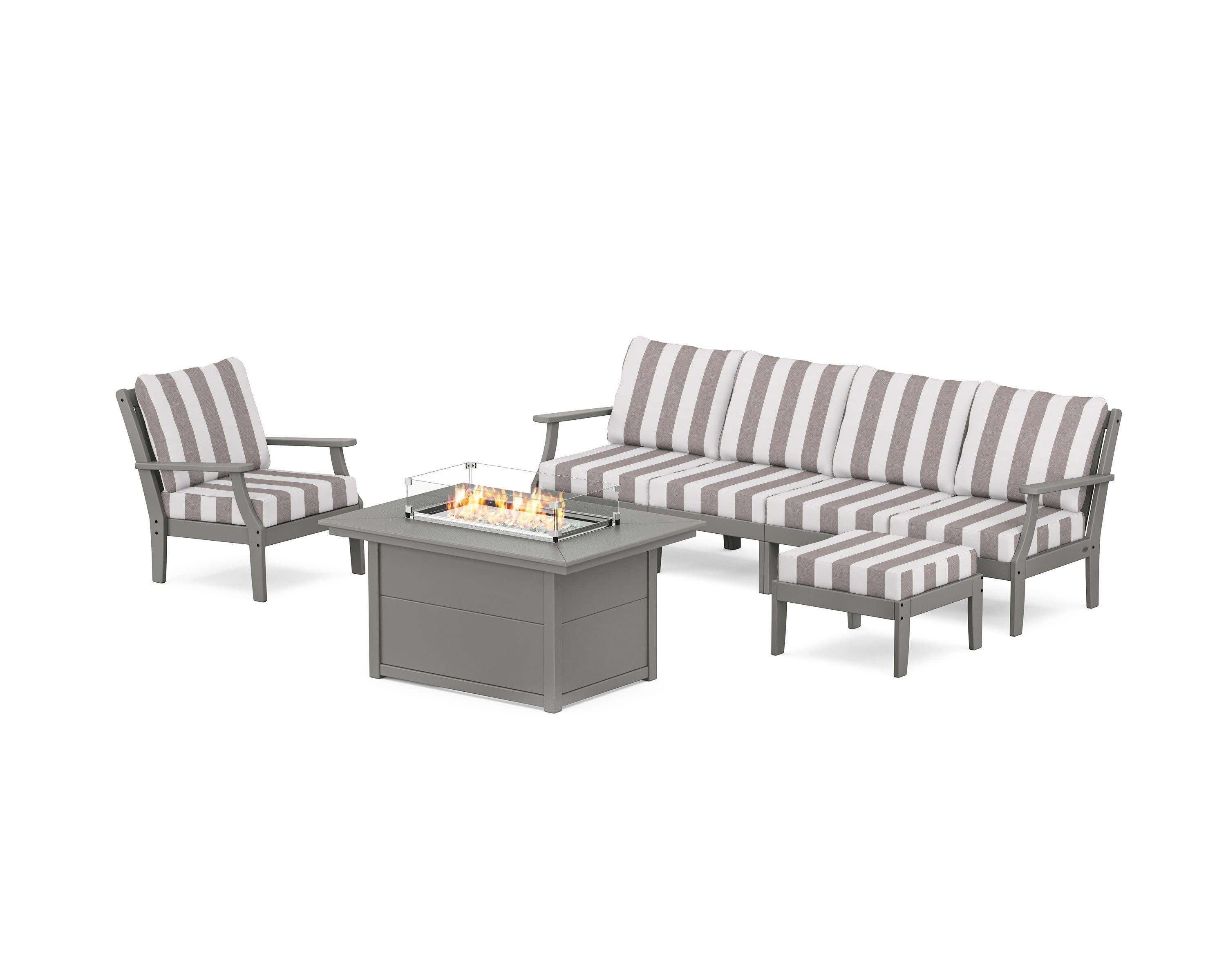 Braxton Sectional Lounge and Fire Pit Set in Slate Grey / Cabana Stripe Grey Mist