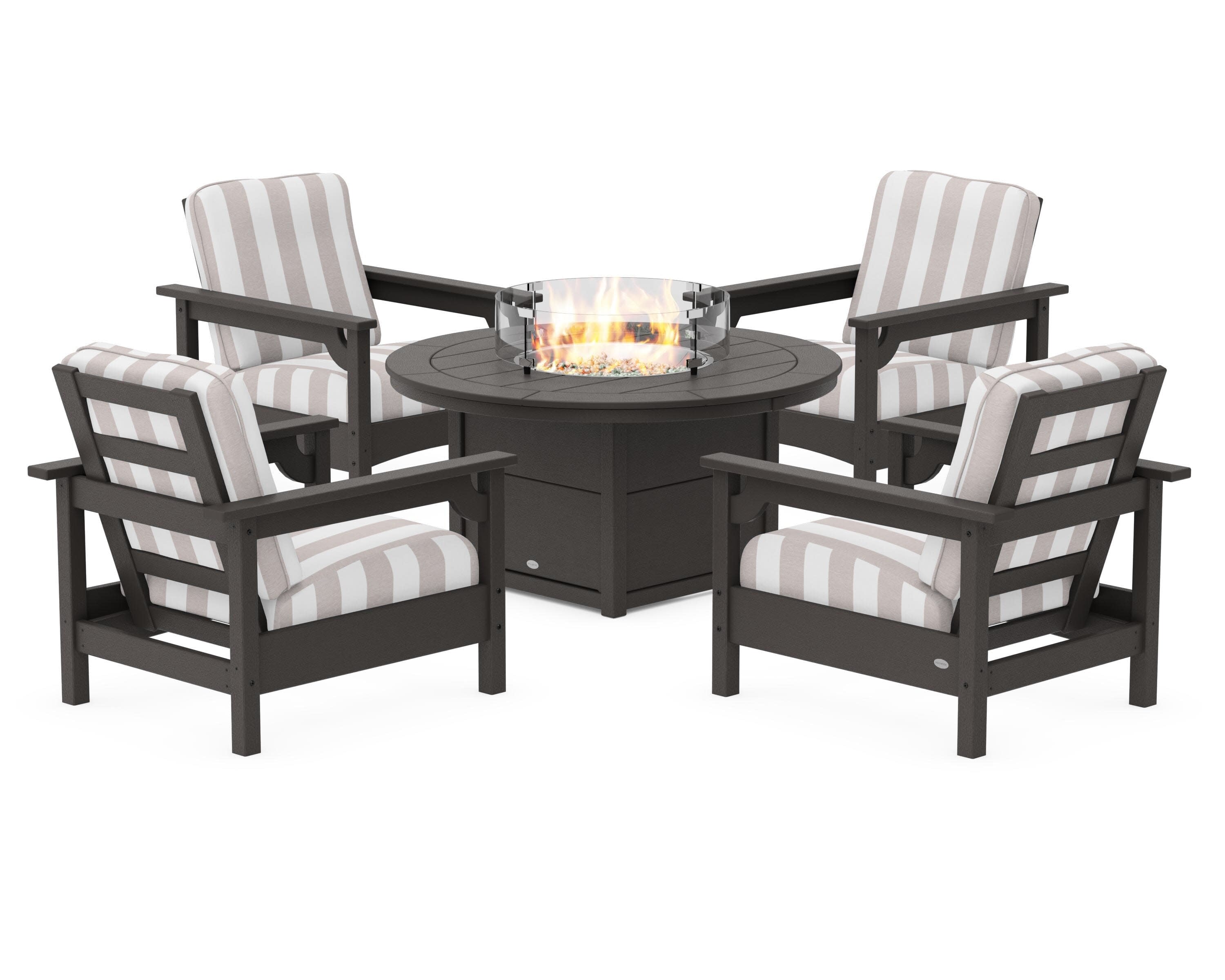 Club 5-Piece Conversation Set with Fire Pit Table in Vintage Coffee / Cabana Stripe Dune Burlap