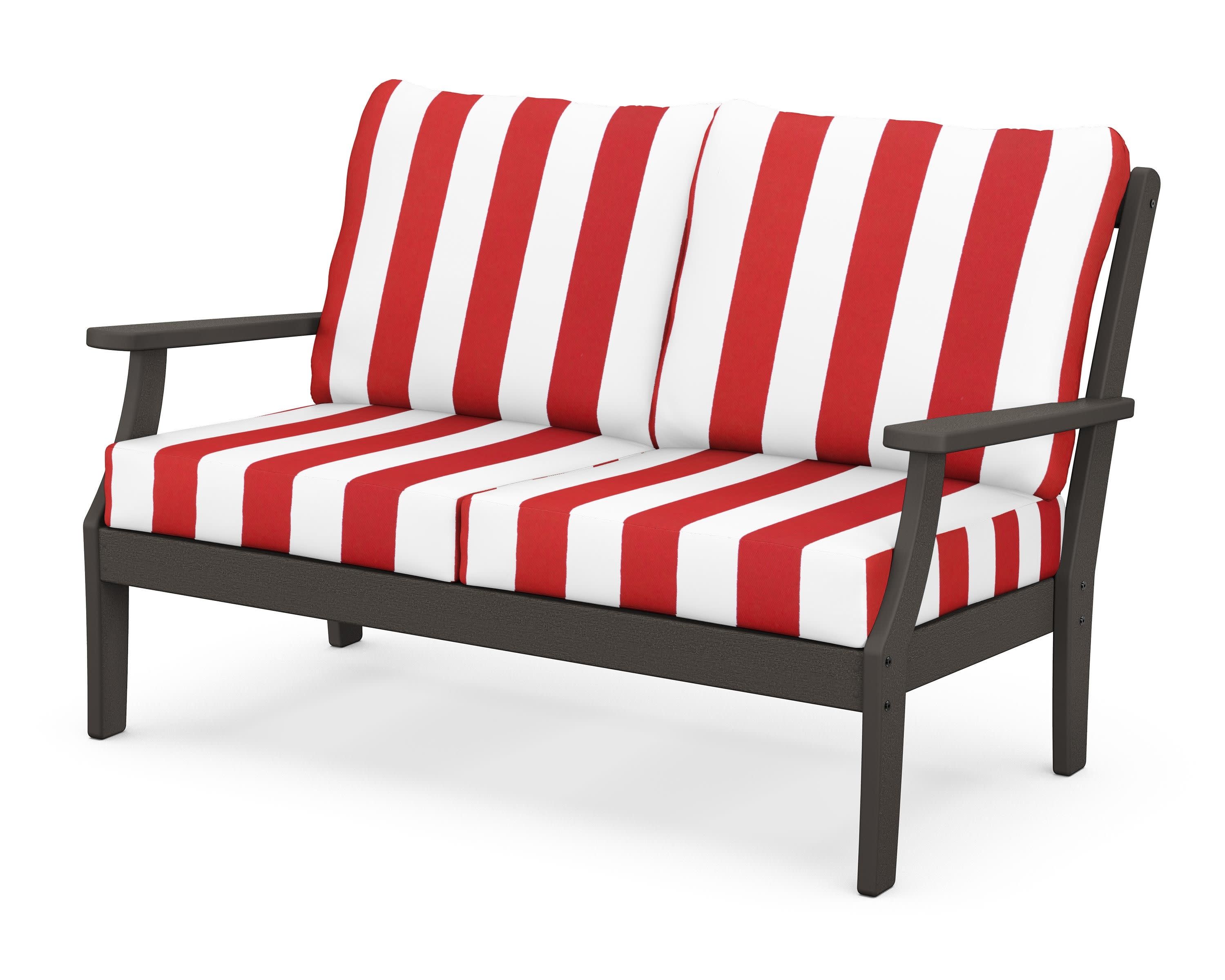 Braxton Deep Seating Loveseat in Vintage Coffee / Cabana Stripe Crimson