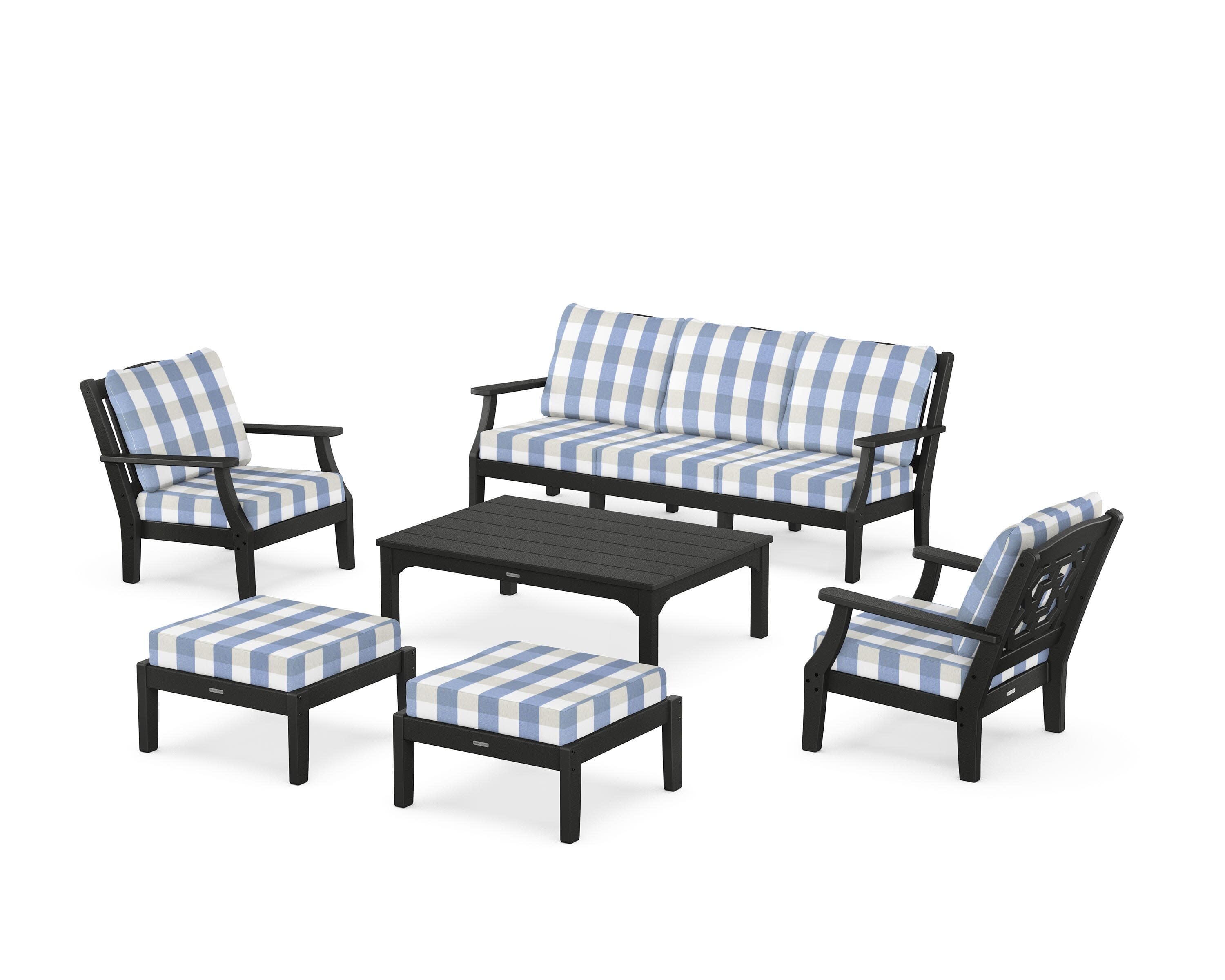 Chinoiserie 6-Piece Lounge Sofa Set in Black / Buffalo Plaid Sky Blue