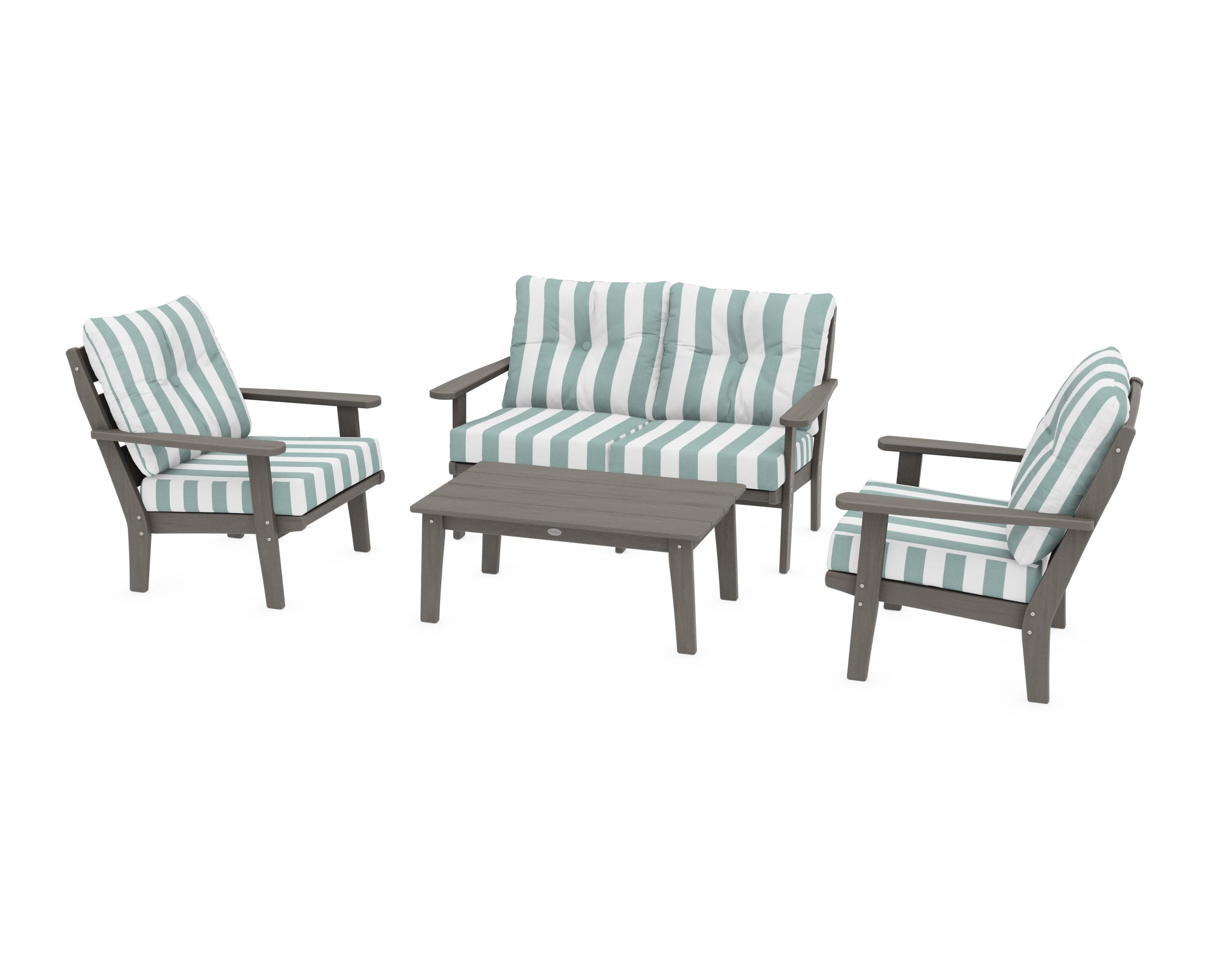 Lakeside 4-Piece Deep Seating Set in Driftwood / Cabana Stripe Glacier Spa