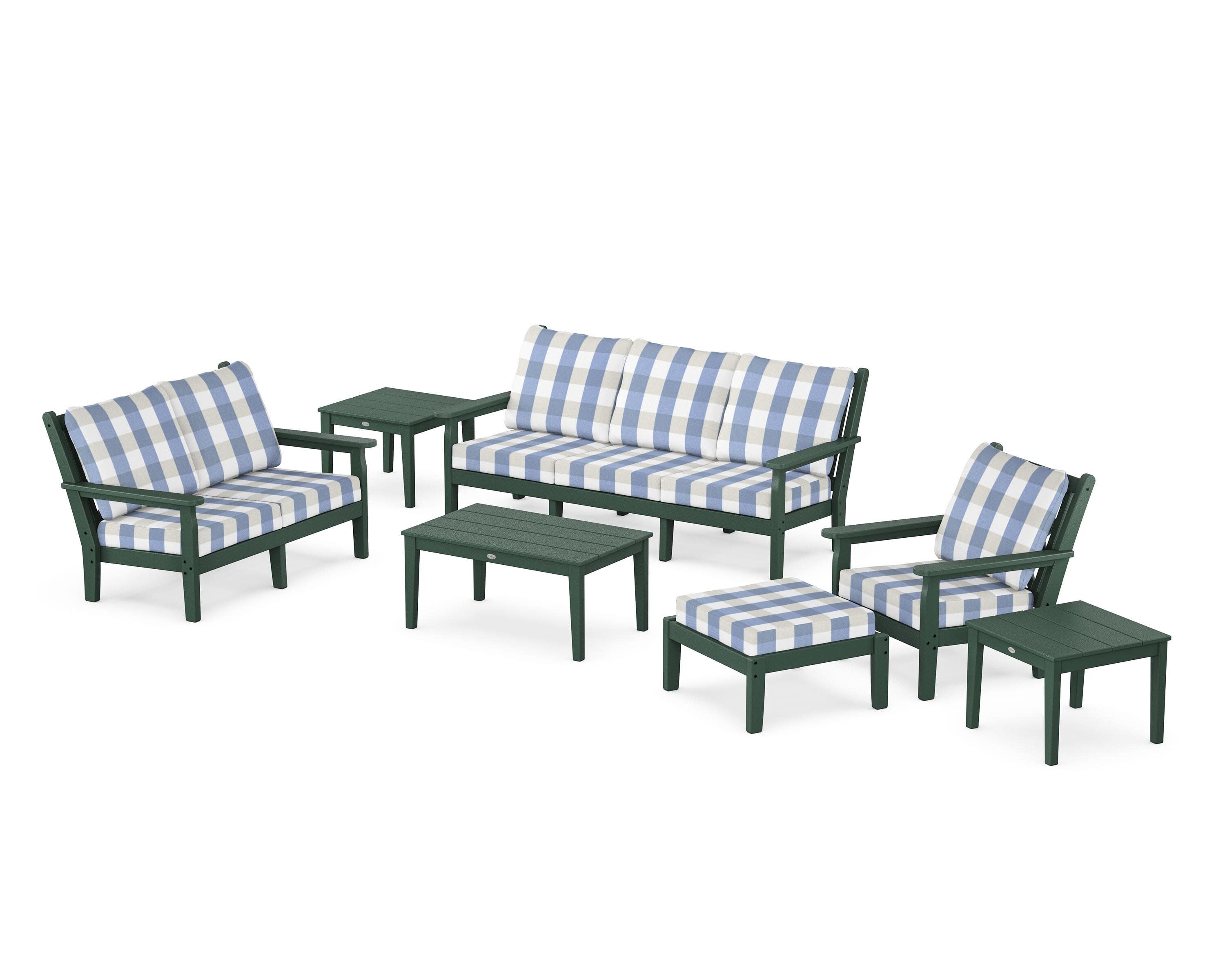 Chippendale 7-Piece Deep Seating Set in Green / Buffalo Plaid Sky Blue