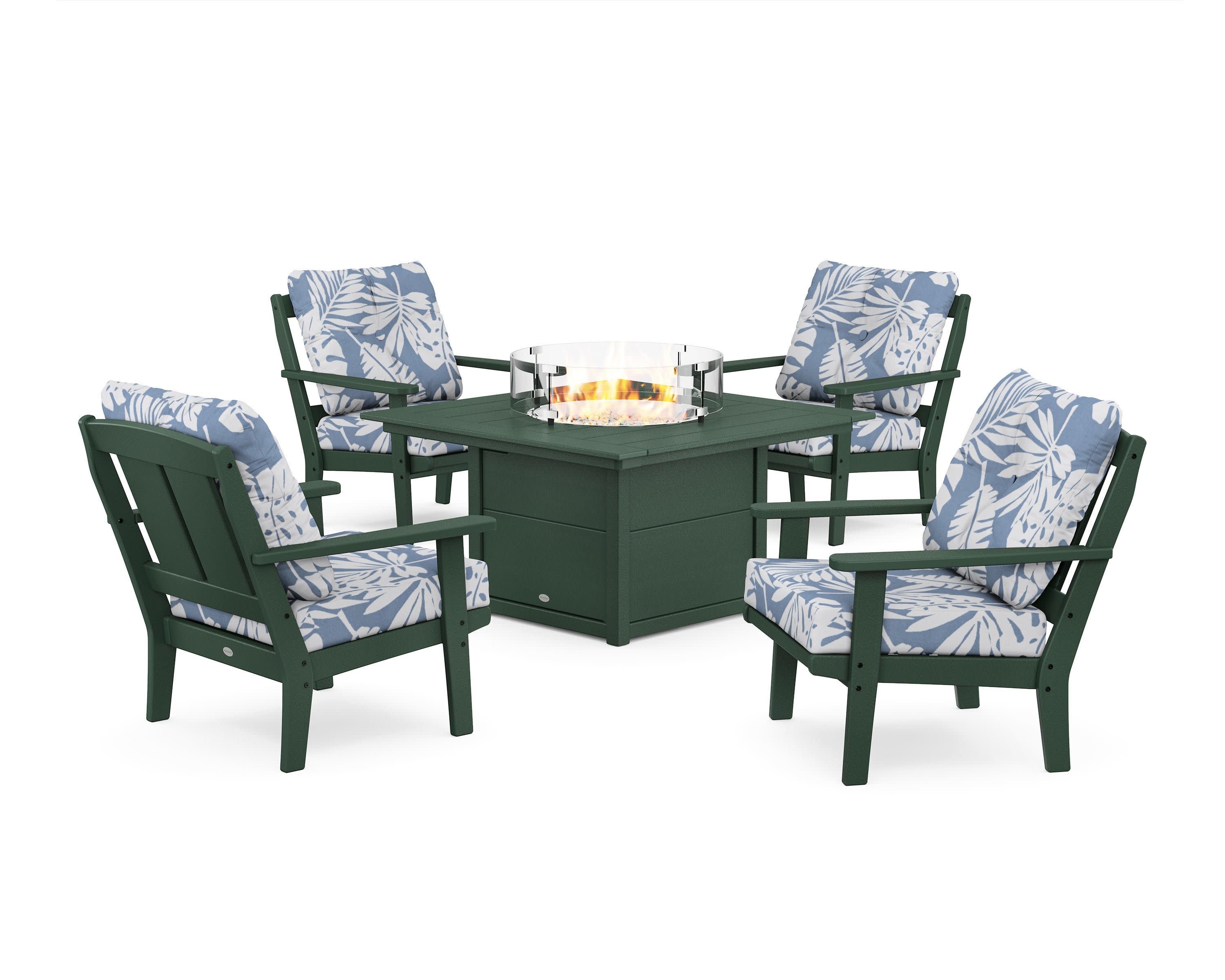 Mission 5-Piece Deep Seating Set with Fire Pit Table in Green / Leaf Sky Blue