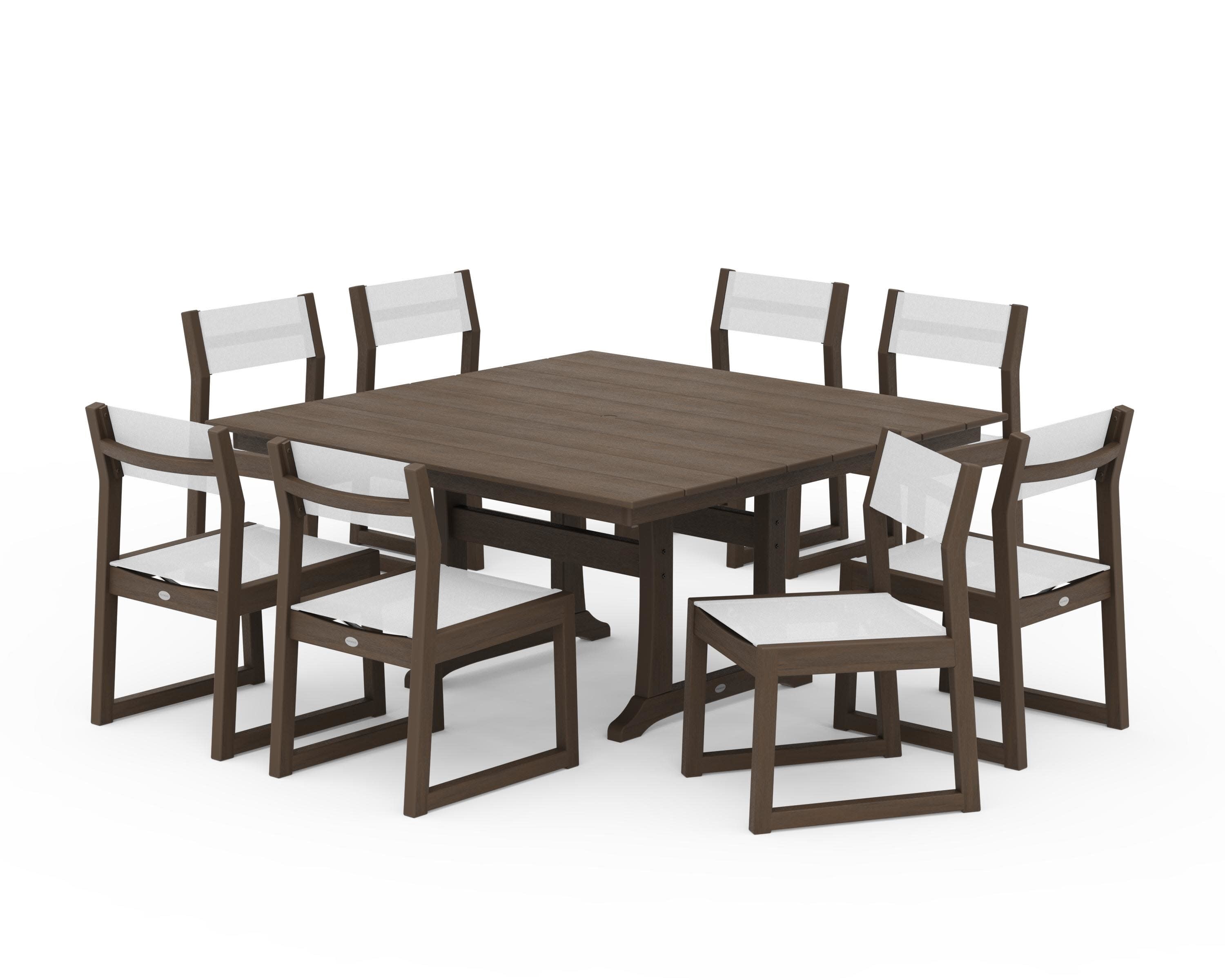 EDGE Sling Side Chair 9-Piece Farmhouse Trestle Dining Set in Kona / White Sling