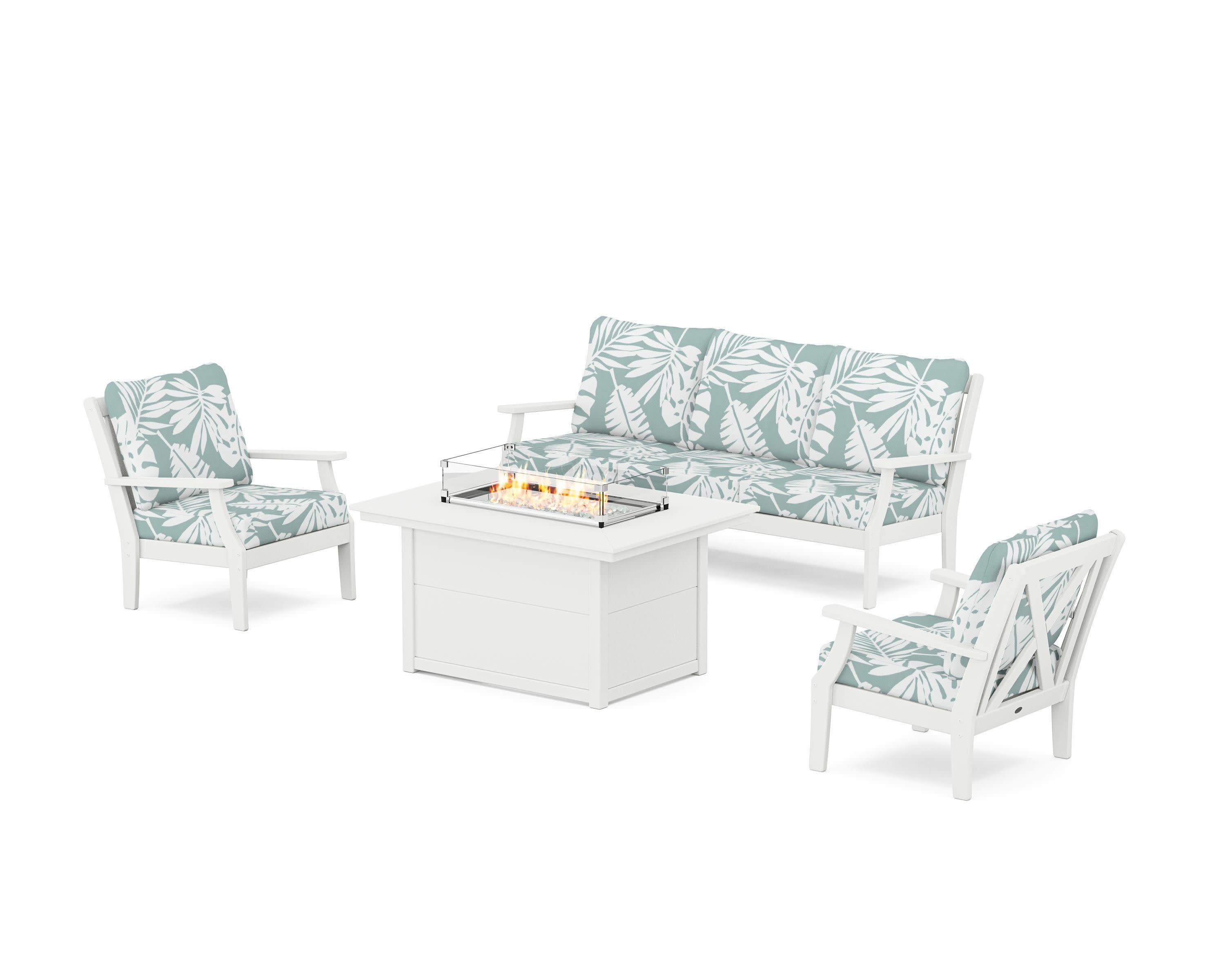 Braxton Deep Seating Fire Pit Table Set in White / Leaf Glacier Spa