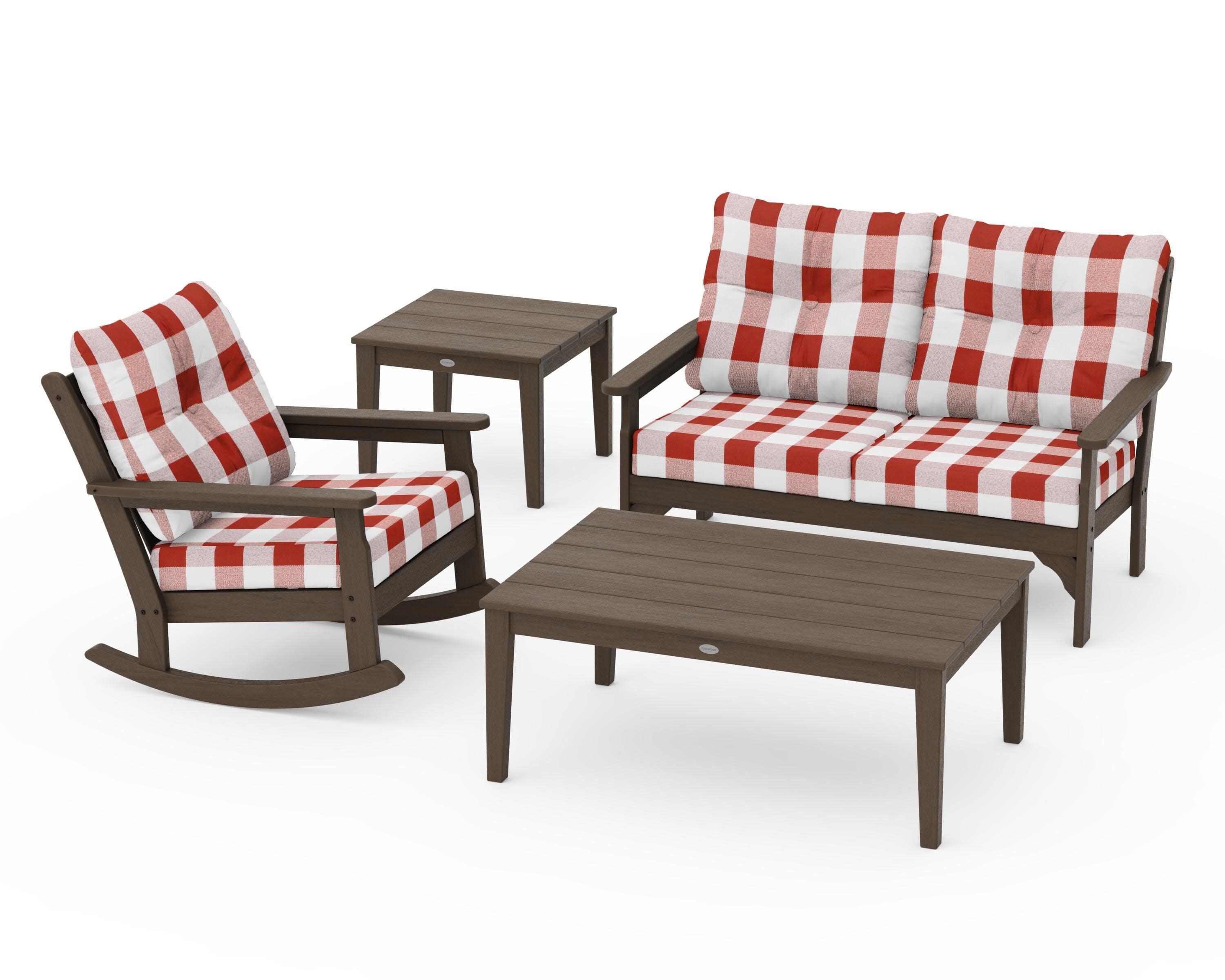 Vineyard 4-Piece Deep Seating Rocker Set in Kona / Buffalo Plaid Crimson