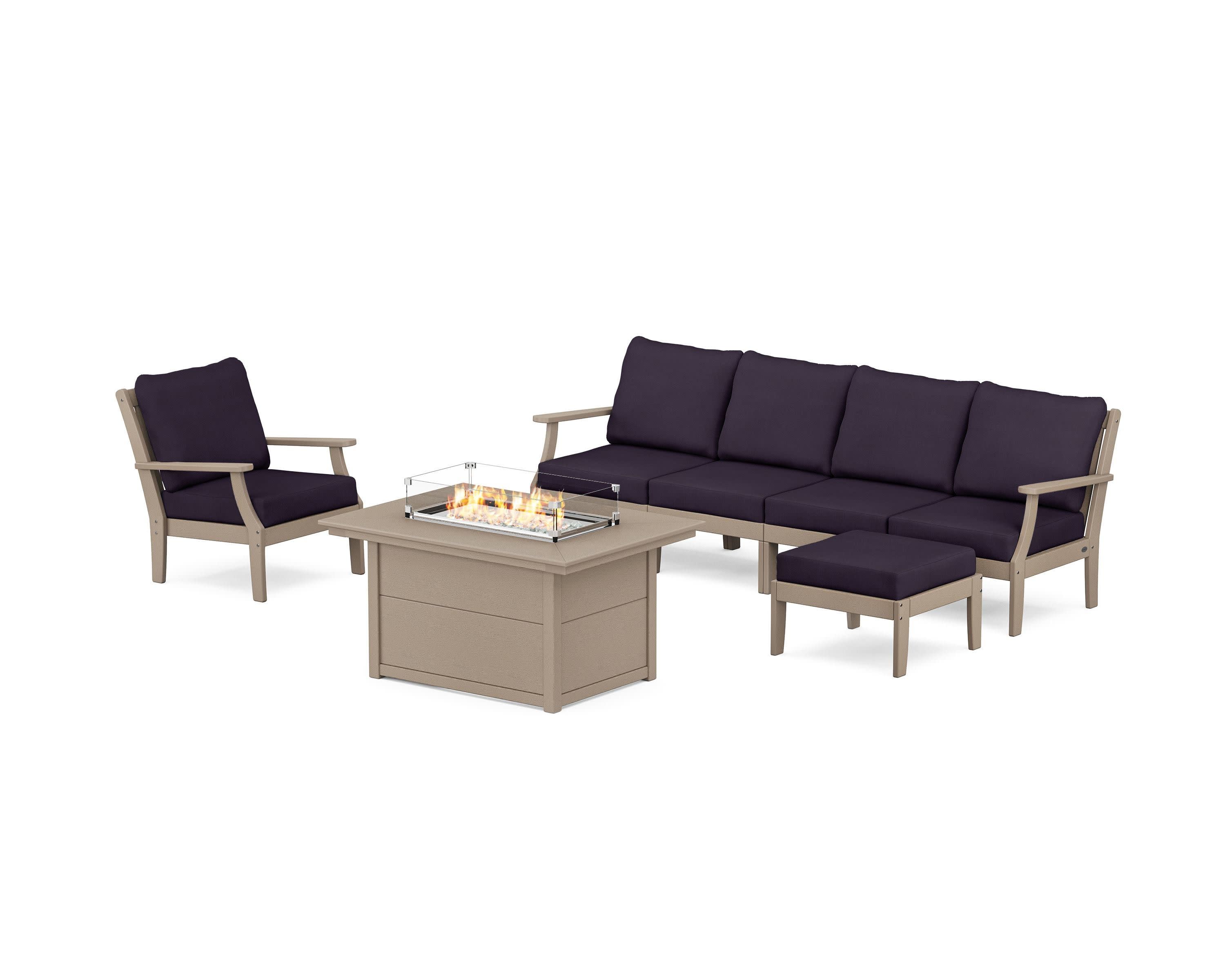 Braxton Sectional Lounge and Fire Pit Set in Vintage Sahara / Navy Linen