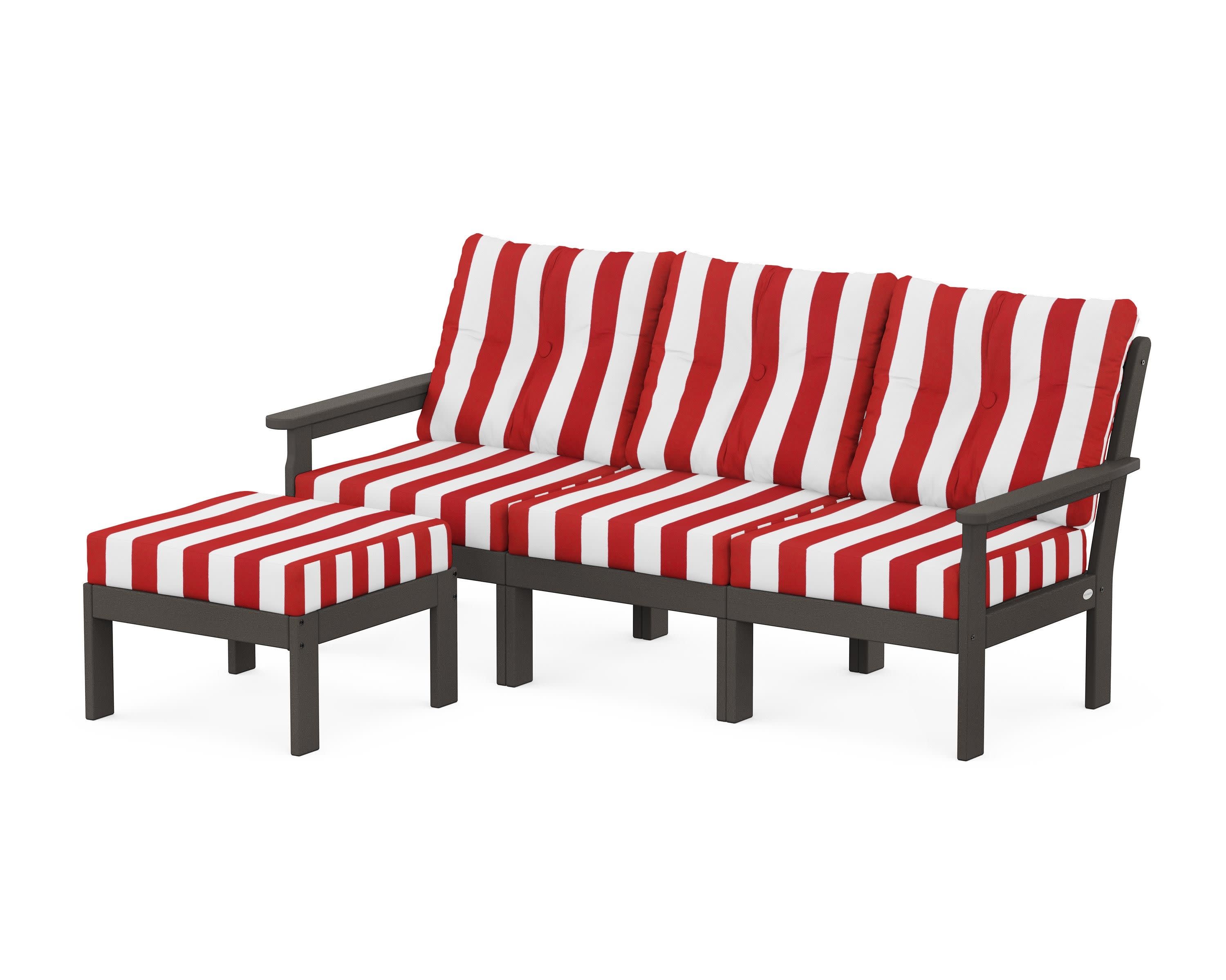 Vineyard 4-Piece Sectional with Ottoman in Vintage Coffee / Cabana Stripe Crimson
