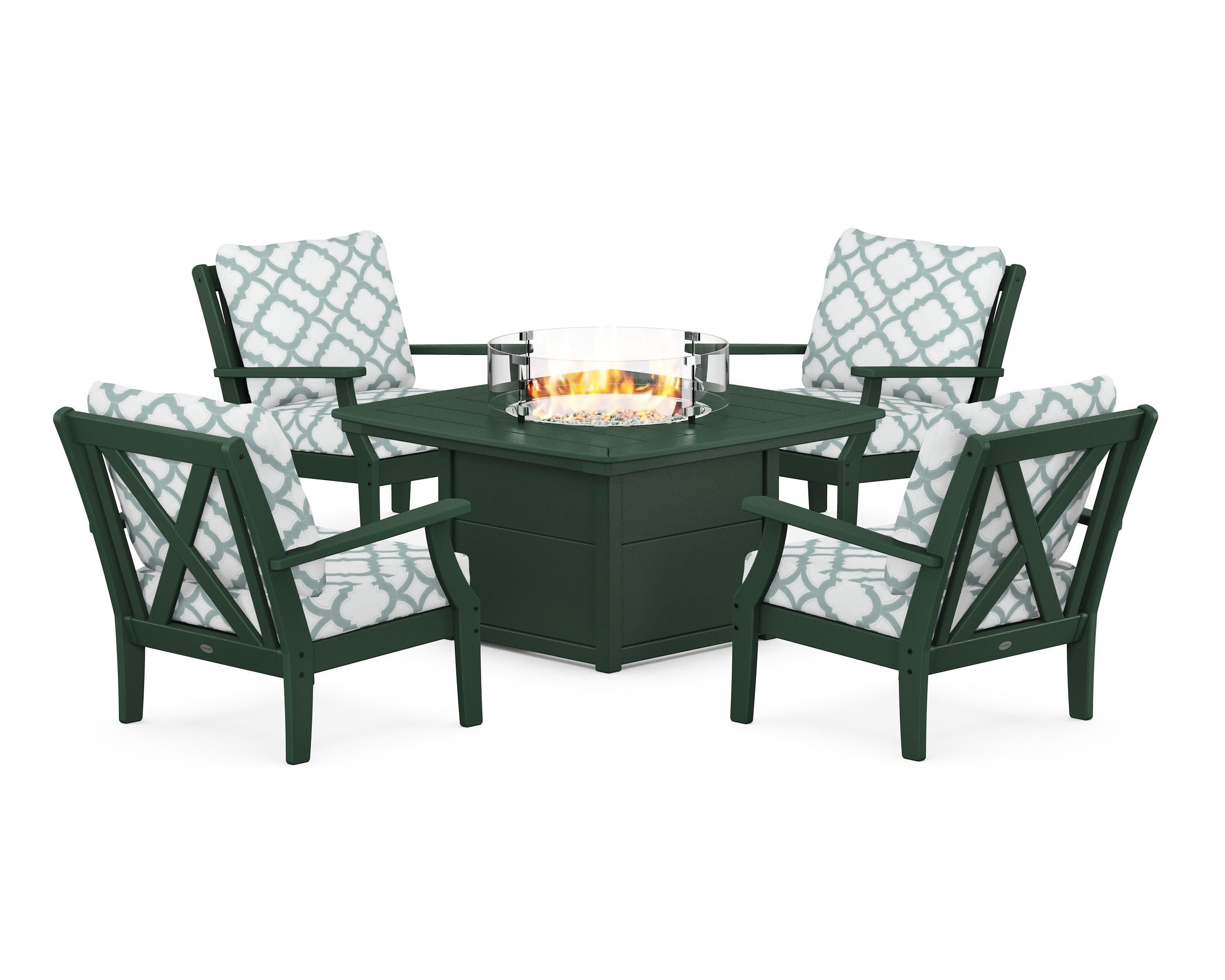 Braxton 5-Piece Deep Seating Conversation Set with Fire Pit Table in Green / Trellis Glacier Spa