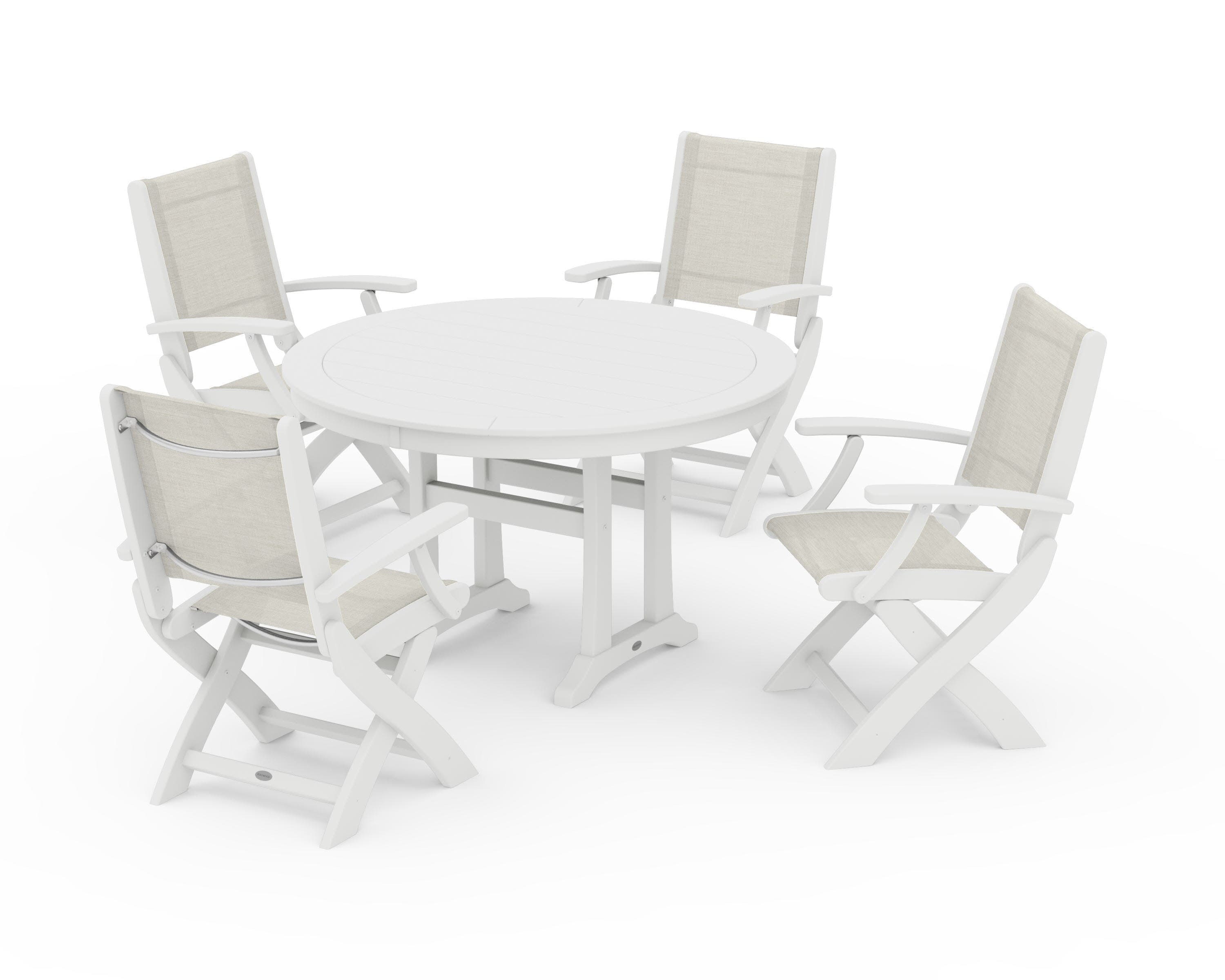 Coastal Folding Chair 5-Piece Round Dining Set with Trestle Legs in White / Parchment Sling