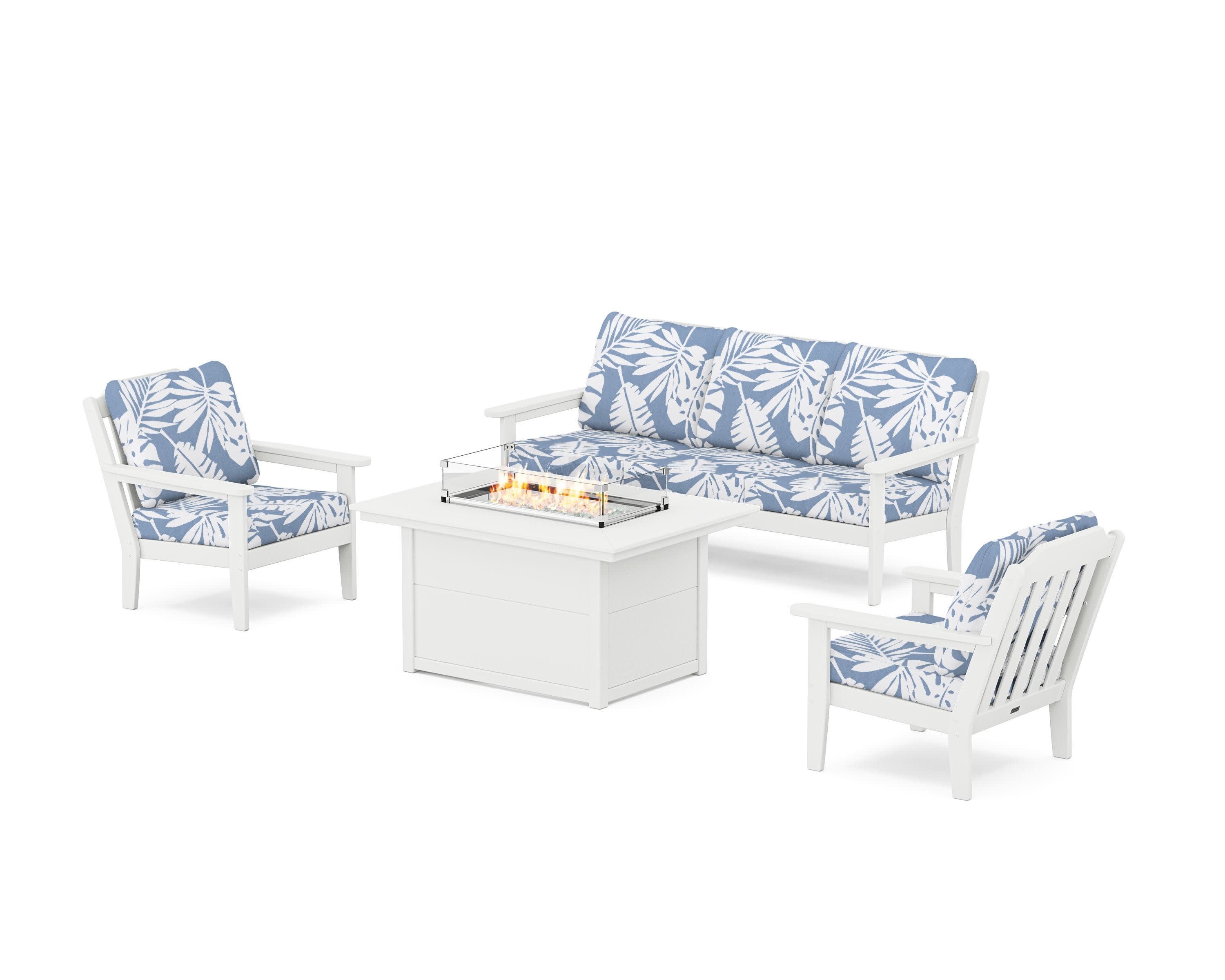 Cottage Deep Seating Fire Pit Table Set in White / Leaf Sky Blue