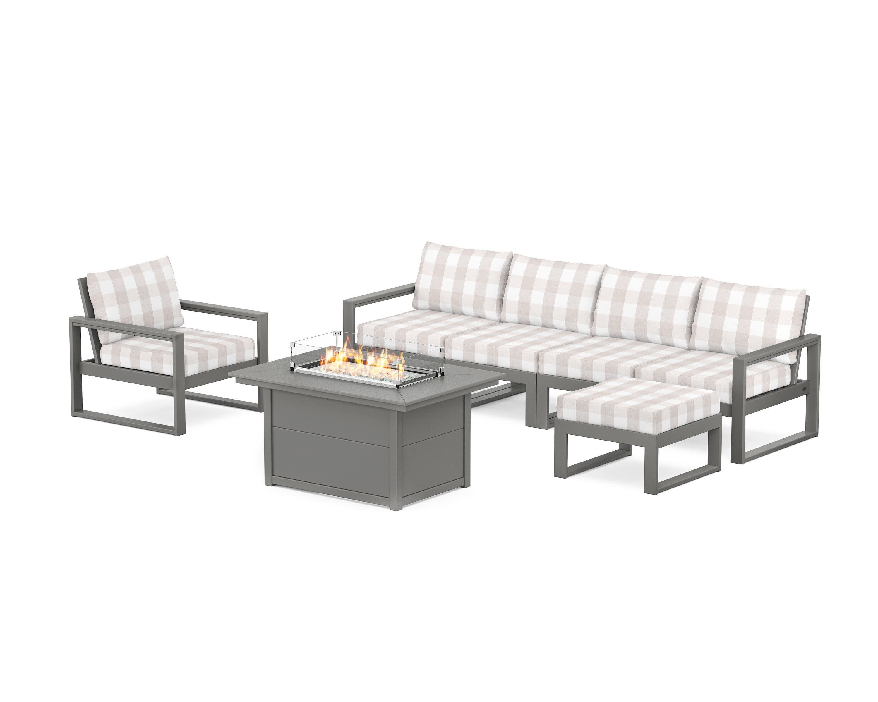 EDGE Sectional Lounge and Fire Pit Set in Slate Grey / Buffalo Plaid Dune Burlap
